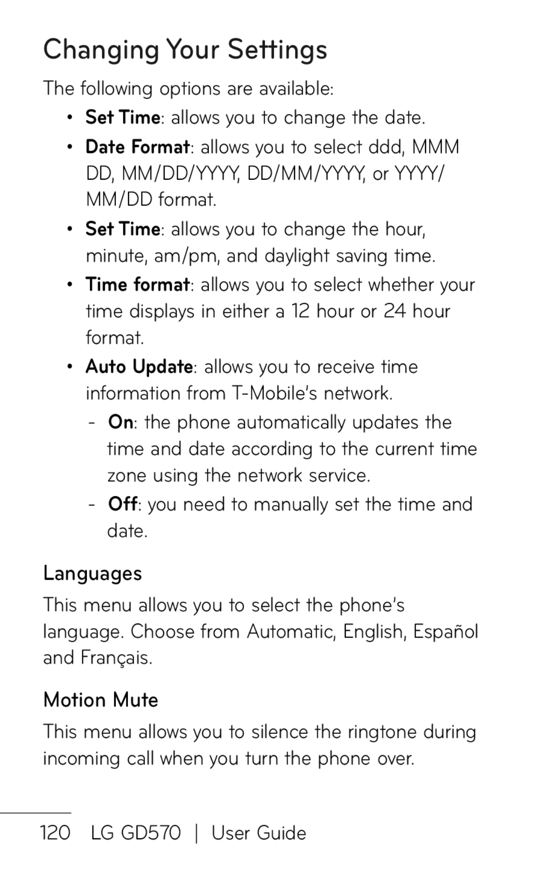 LG Electronics GD570 manual Languages, Motion Mute 