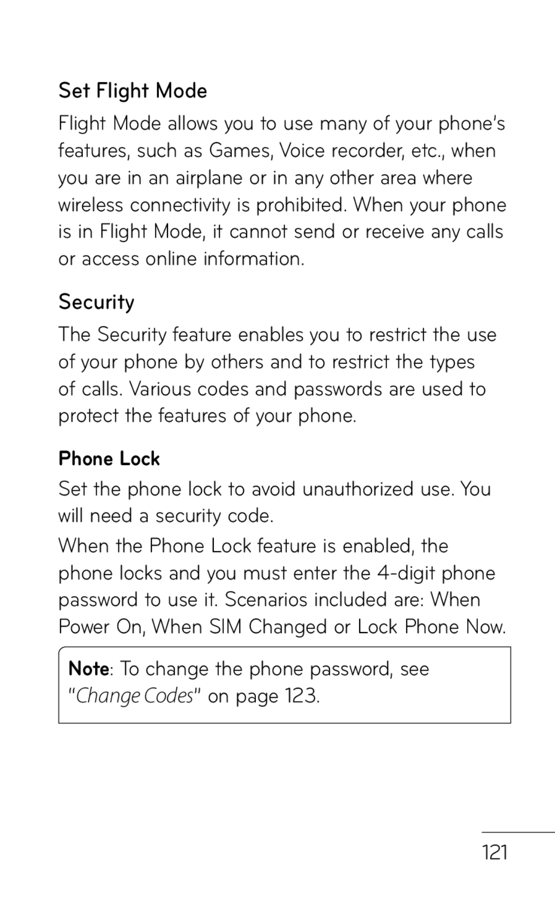 LG Electronics GD570 manual Set Flight Mode, Security, Phone Lock 