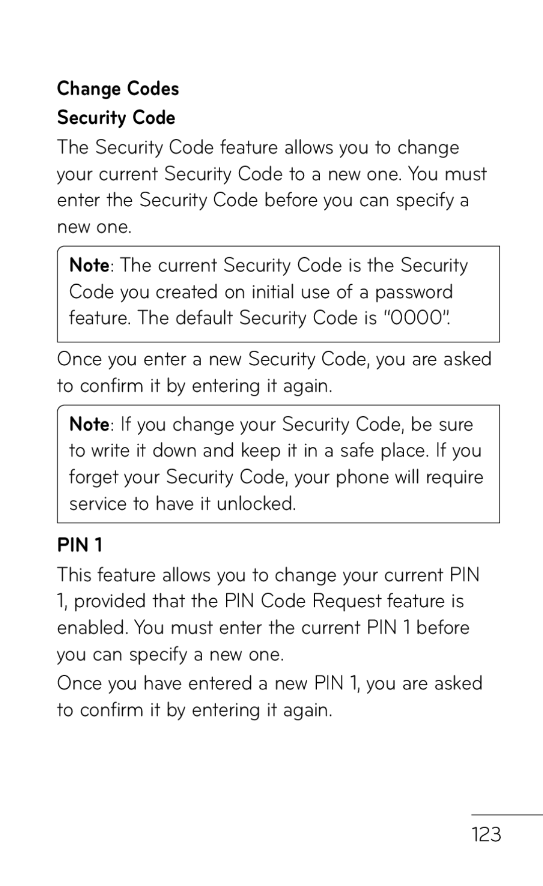 LG Electronics GD570 manual Change Codes Security Code, Pin 