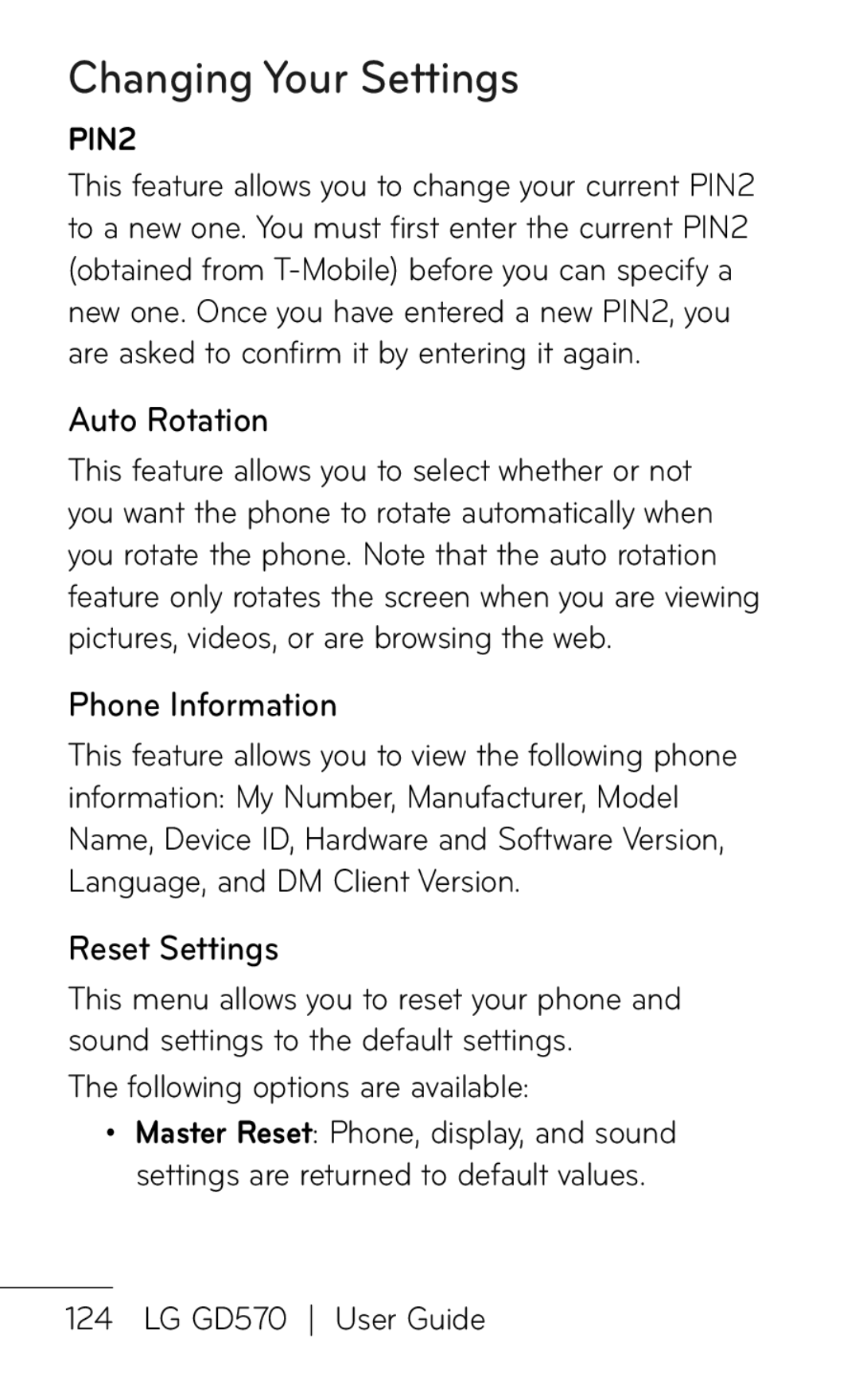 LG Electronics GD570 manual Auto Rotation, Phone Information, Reset Settings 