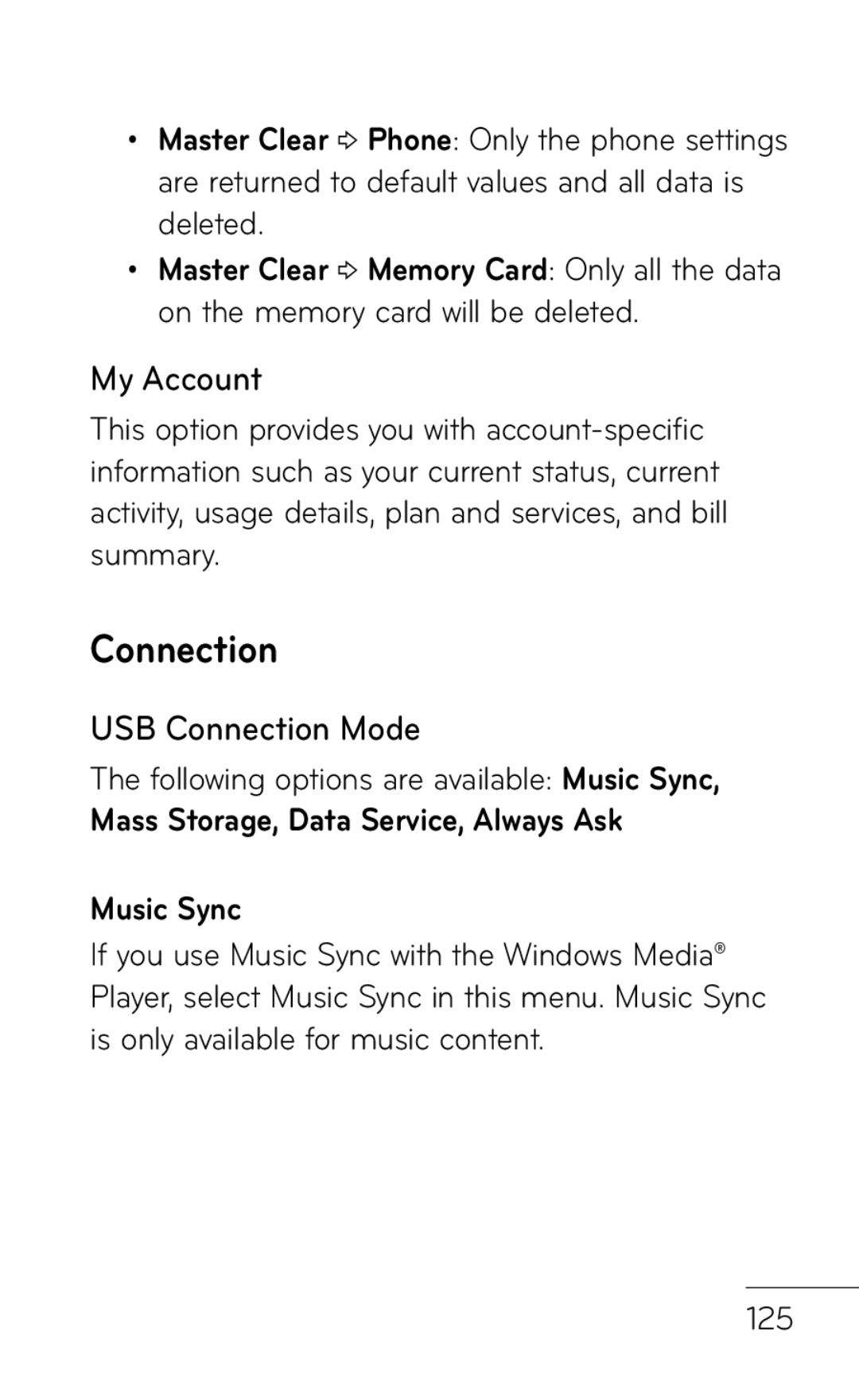 LG Electronics GD570 manual My Account, USB Connection Mode, Mass Storage, Data Service, Always Ask Music Sync 