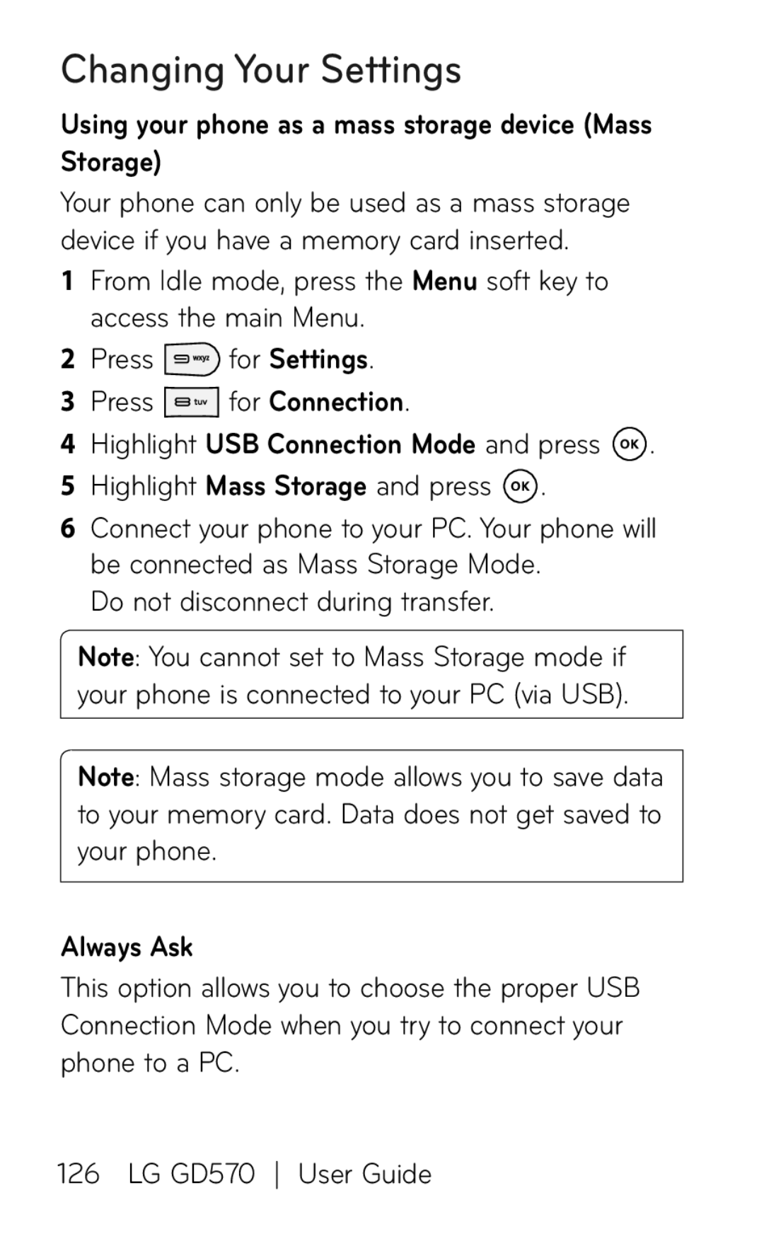 LG Electronics GD570 manual Using your phone as a mass storage device Mass Storage, Always Ask 