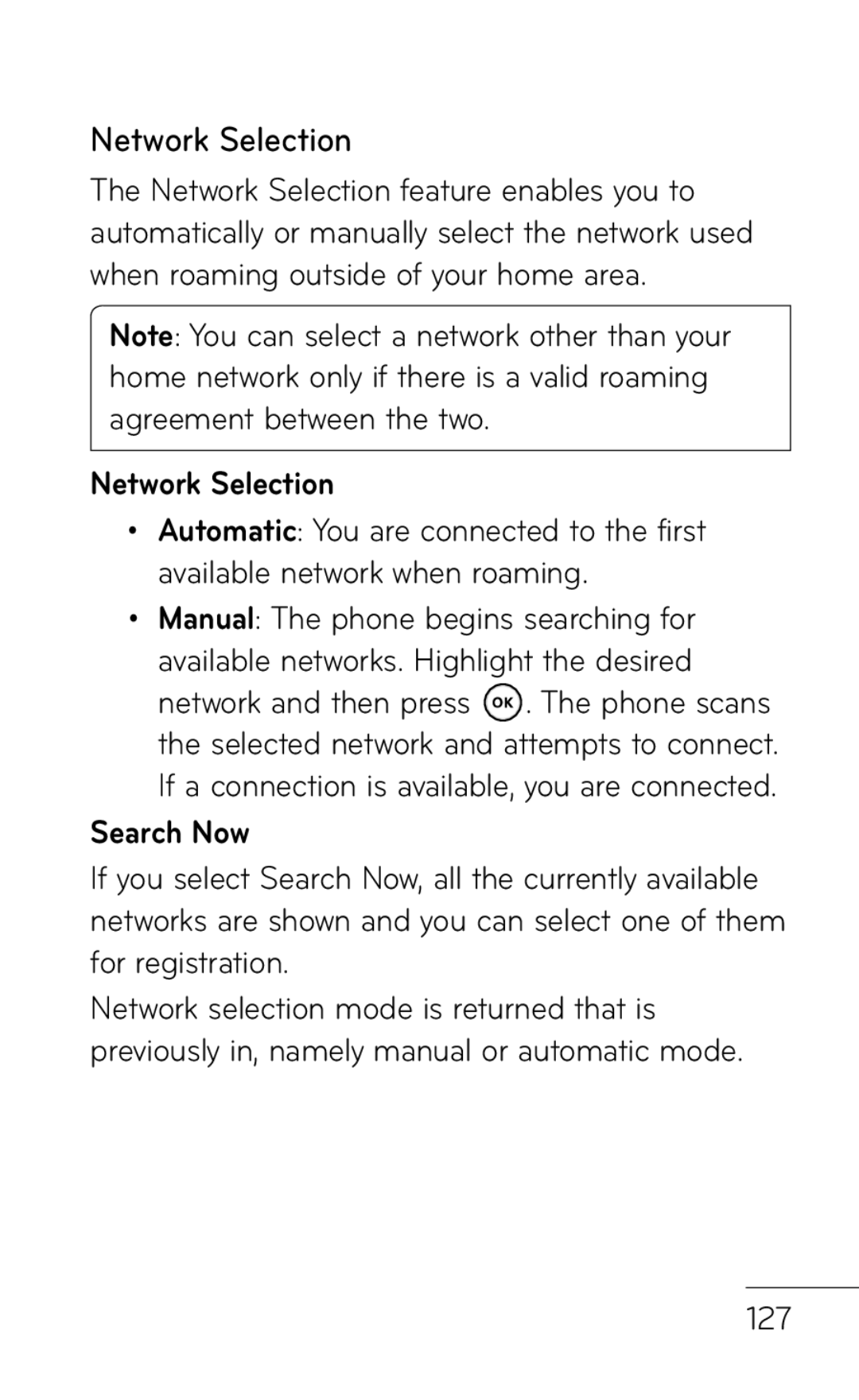 LG Electronics GD570 manual Network Selection, Search Now 