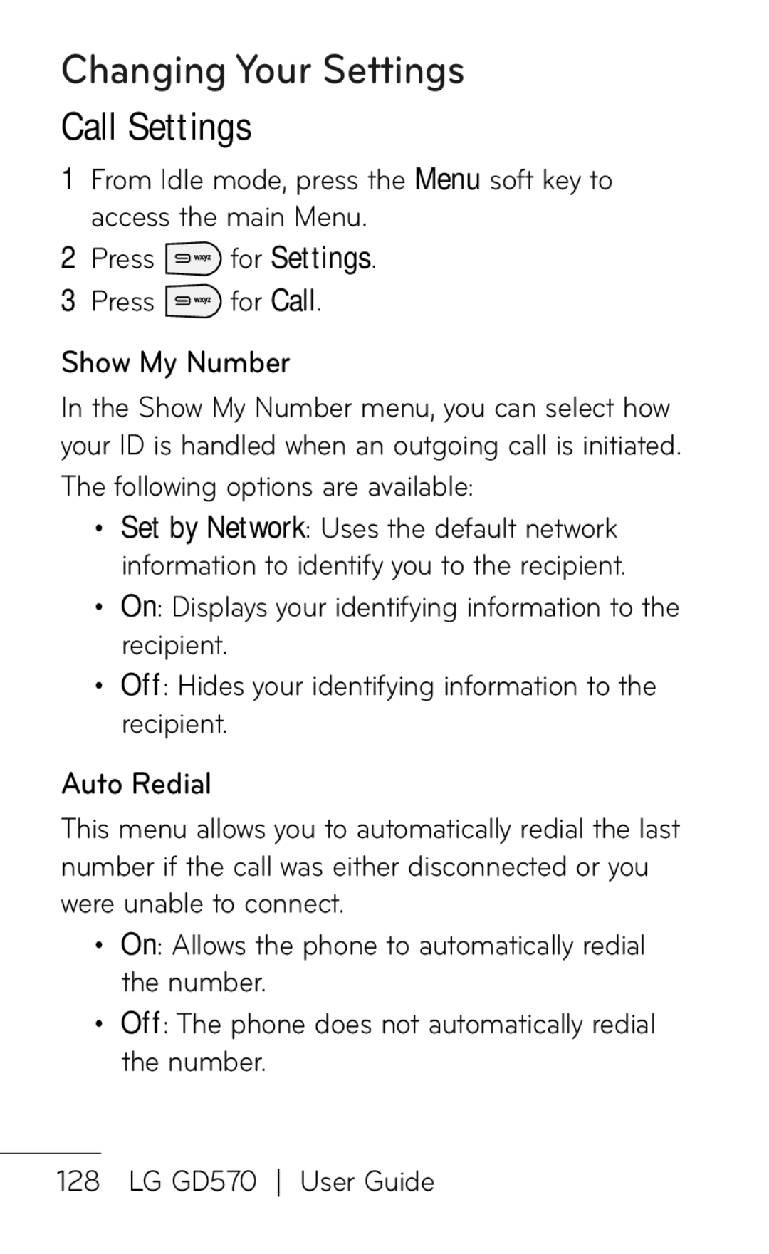 LG Electronics GD570 manual Show My Number, Auto Redial 