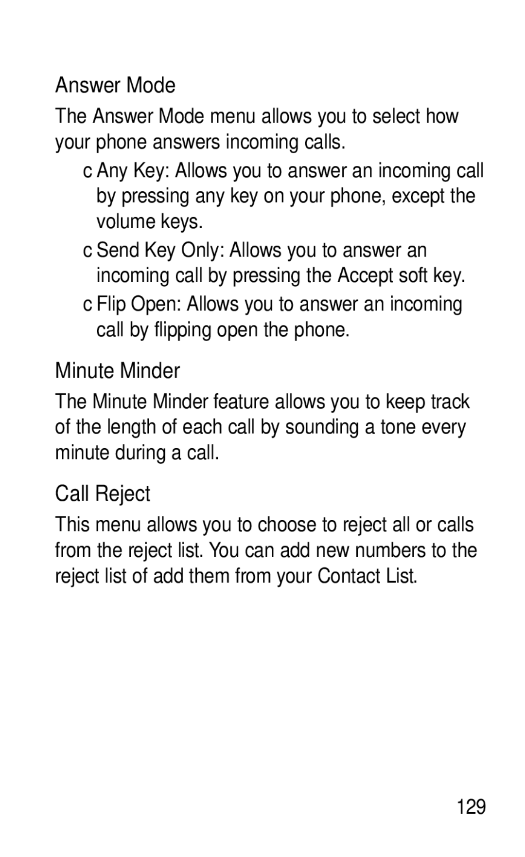 LG Electronics GD570 manual Answer Mode, Minute Minder, Call Reject 