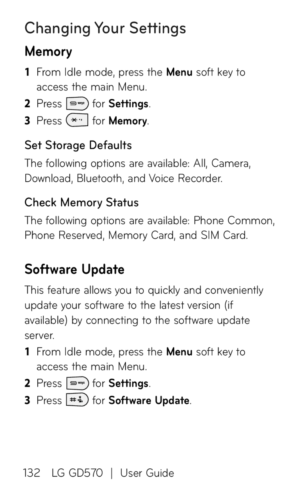 LG Electronics GD570 manual Set Storage Defaults, Check Memory Status, Press for Software Update 