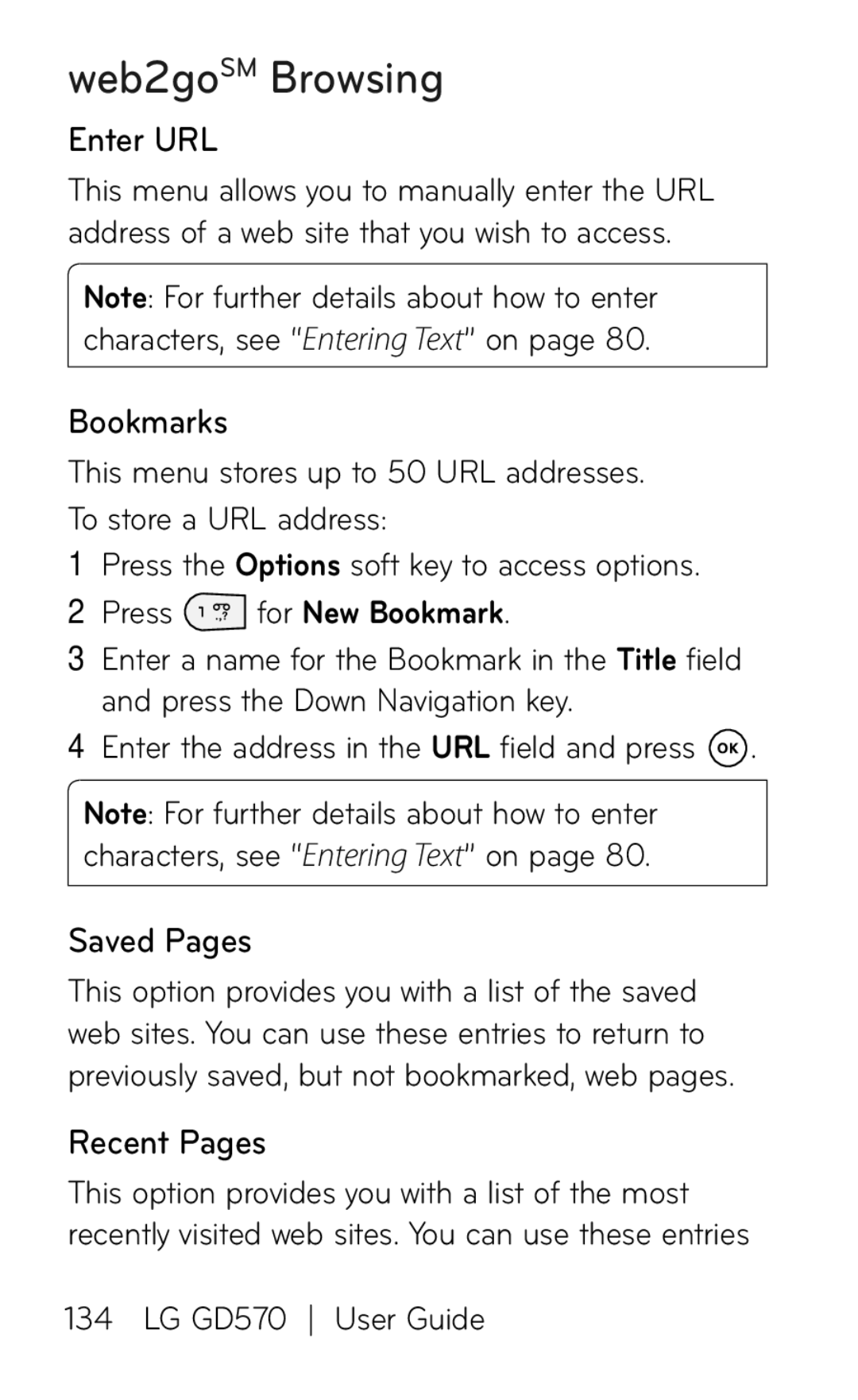 LG Electronics GD570 manual Web2goSM Browsing, Enter URL, Bookmarks, Saved Pages, Recent Pages 