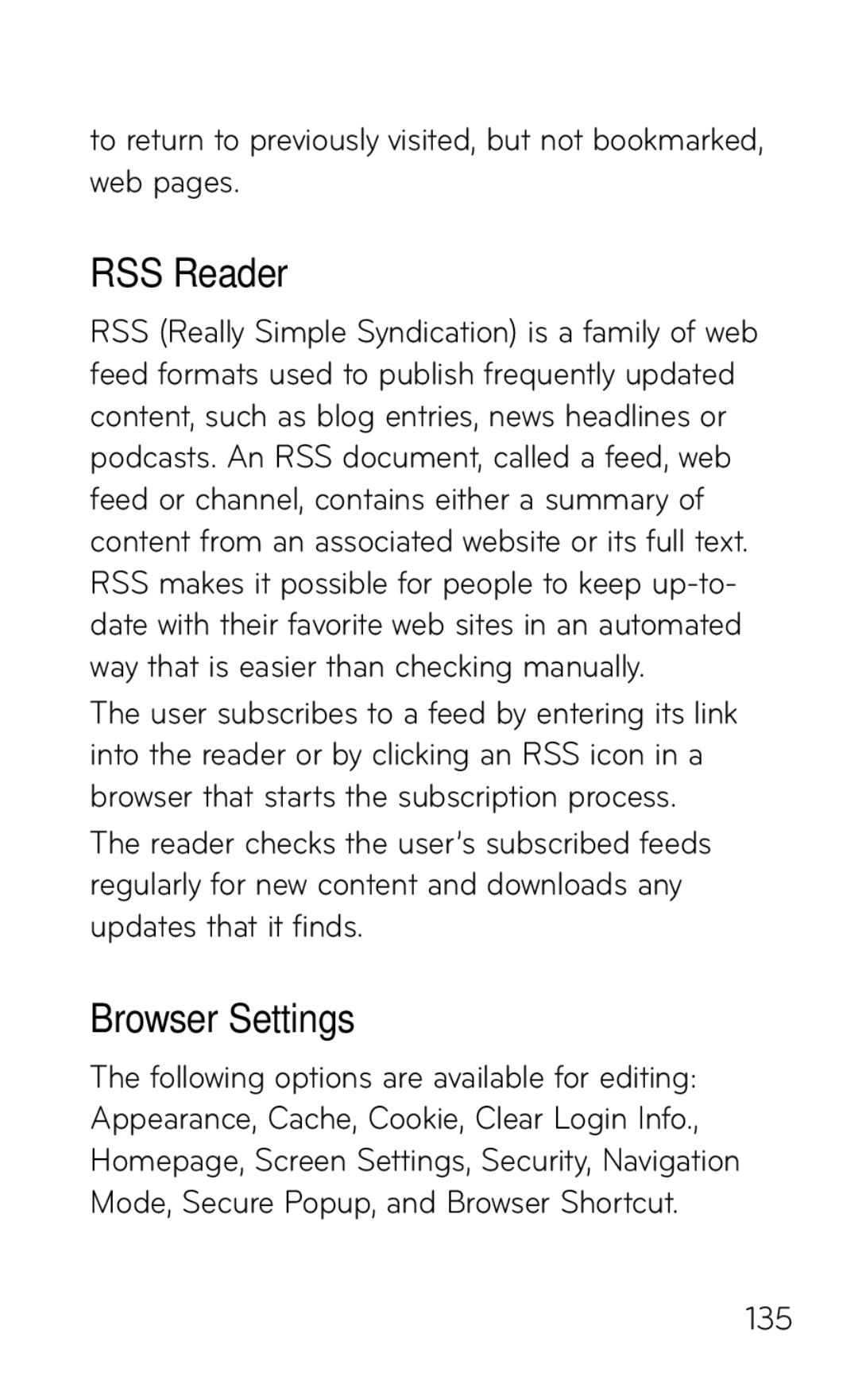 LG Electronics GD570 manual RSS Reader, Browser Settings 