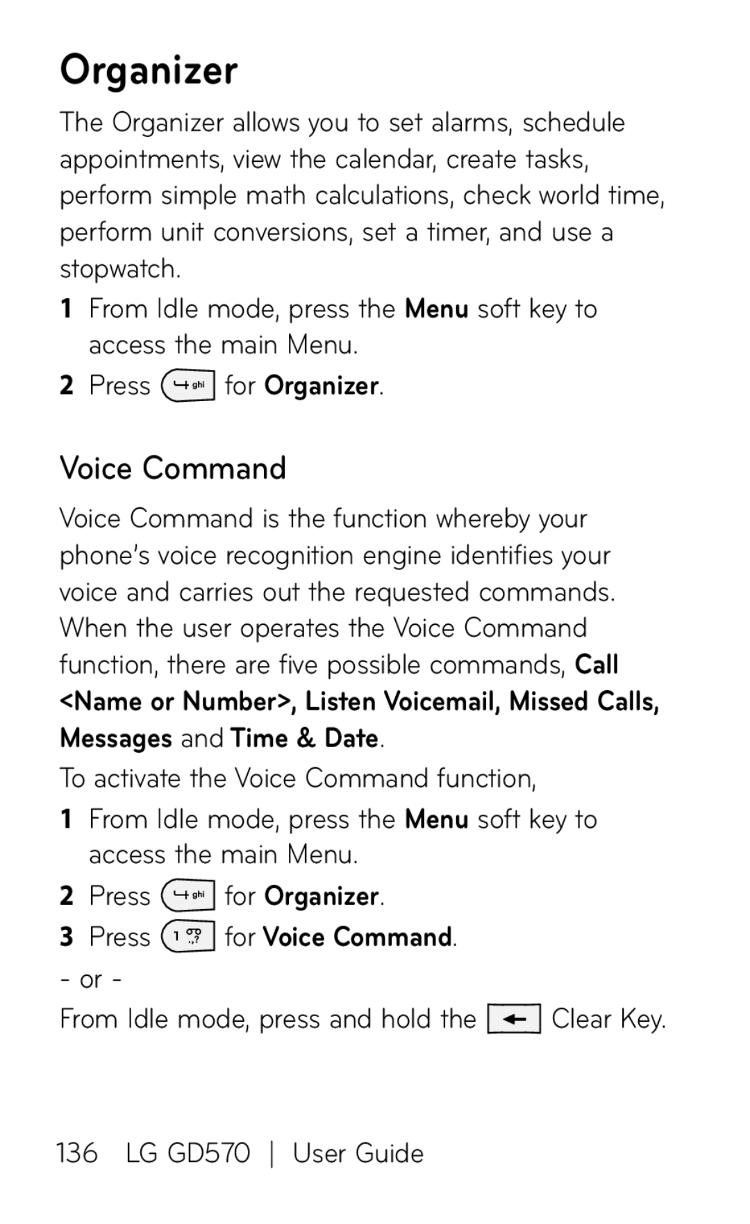 LG Electronics GD570 manual Organizer, Press for Voice Command 