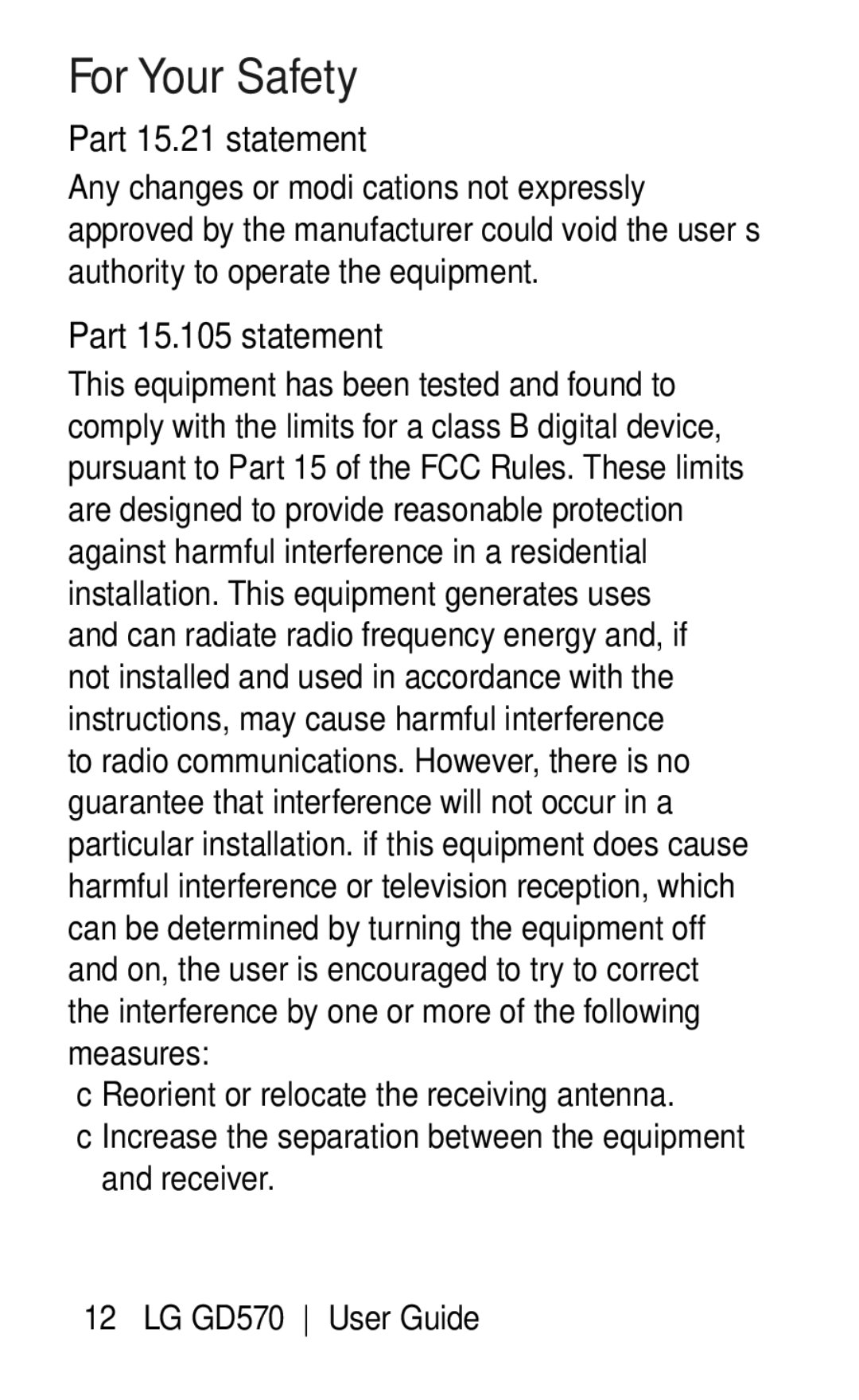 LG Electronics GD570 manual Part 15.21 statement, Part 15.105 statement 