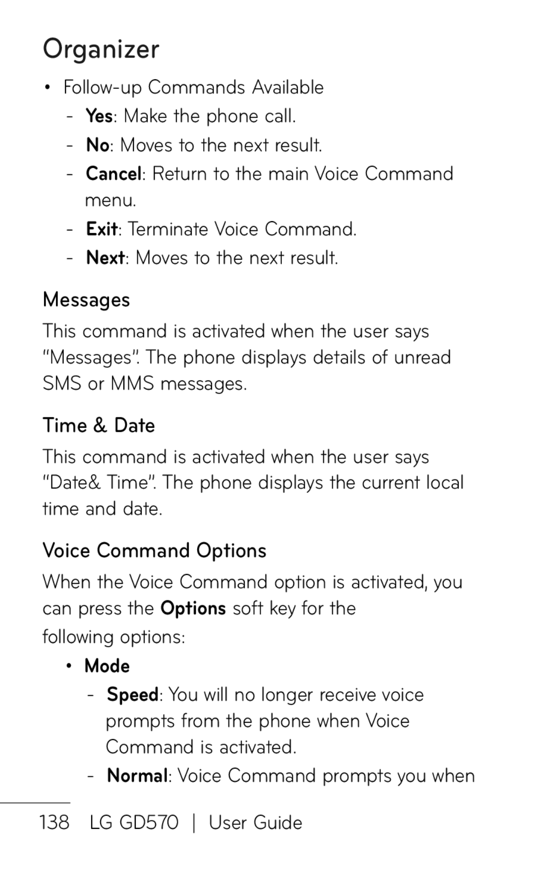 LG Electronics GD570 manual Organizer, Messages, Time & Date, Voice Command Options, Mode 