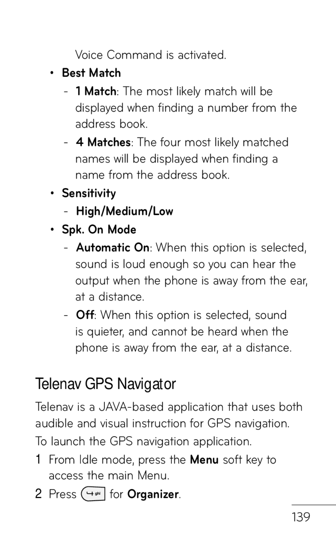 LG Electronics GD570 manual Telenav GPS Navigator, Best Match, Sensitivity High/Medium/Low Spk. On Mode 