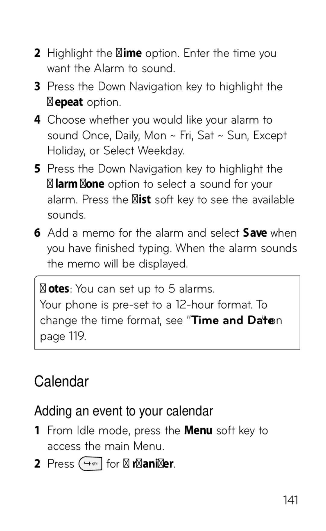 LG Electronics GD570 manual Calendar, Adding an event to your calendar 