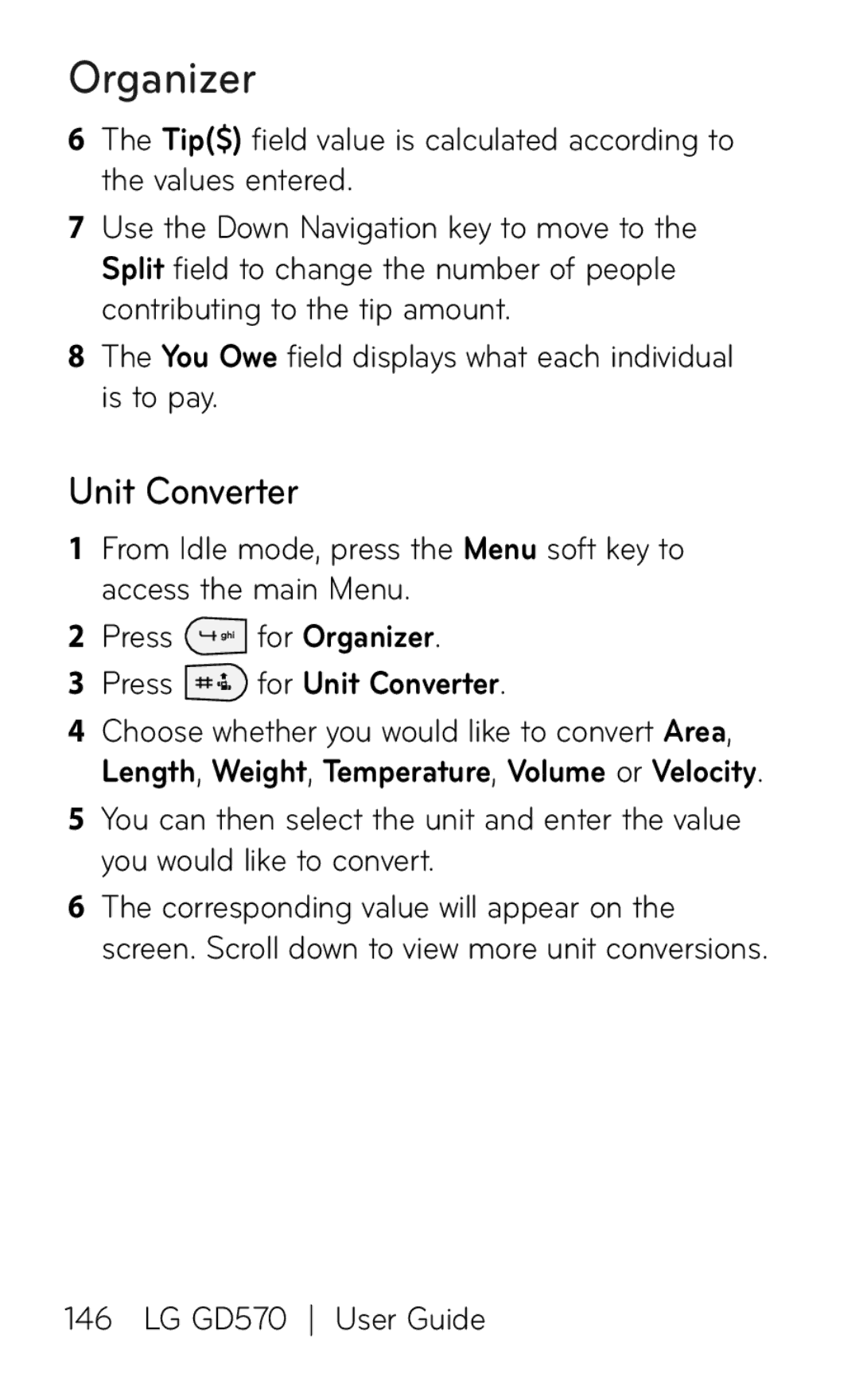 LG Electronics GD570 manual Press for Unit Converter 