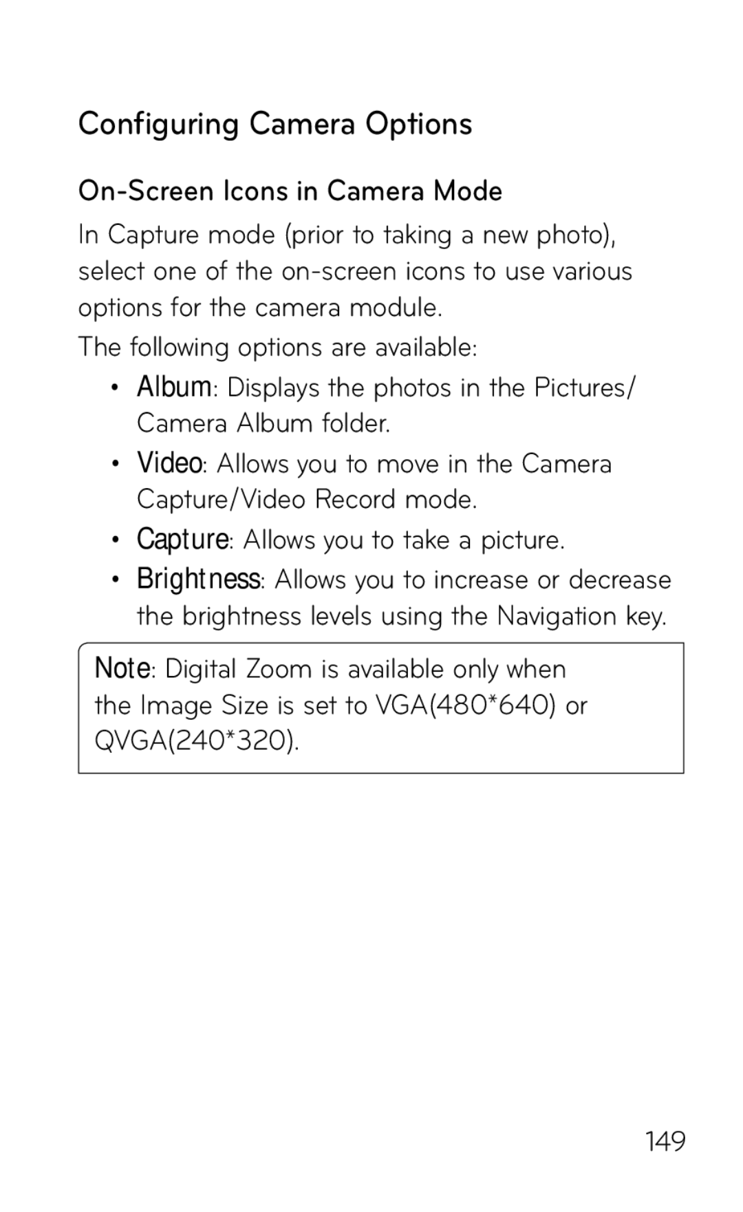 LG Electronics GD570 manual Configuring Camera Options, On-Screen Icons in Camera Mode 