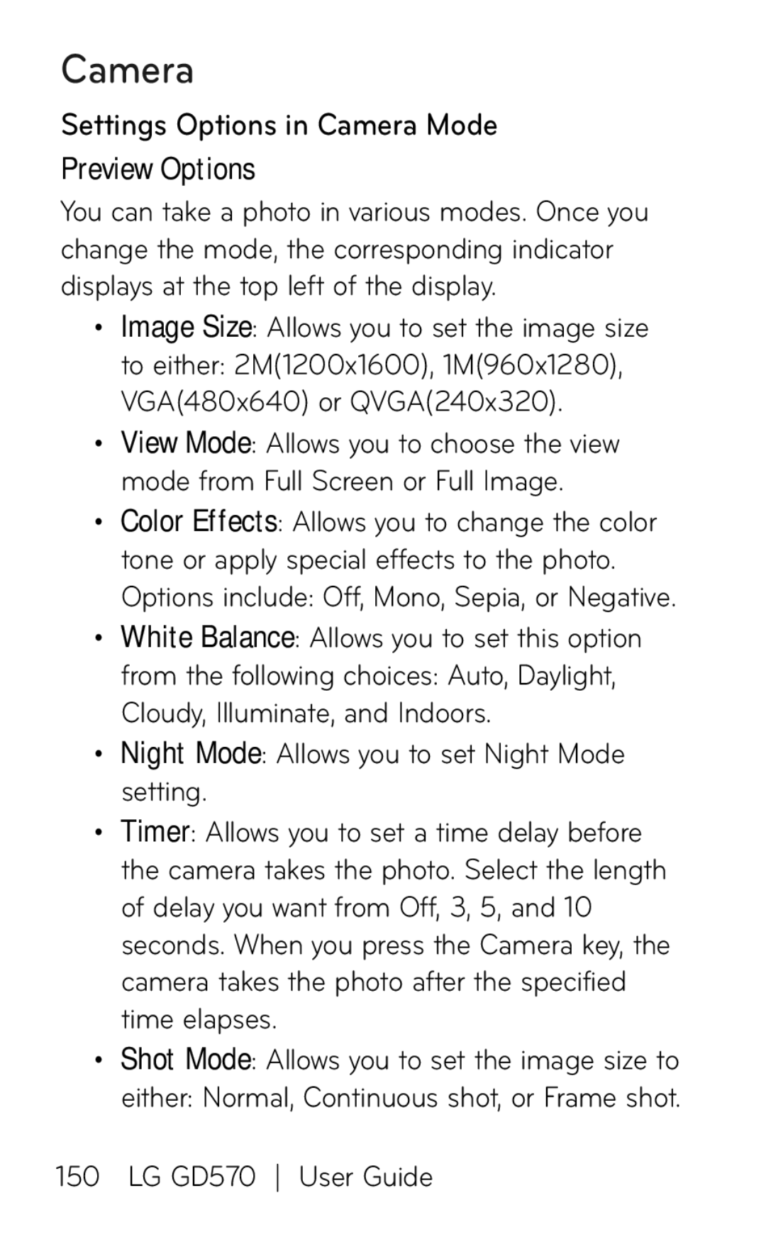 LG Electronics GD570 manual Settings Options in Camera Mode, Preview Options 