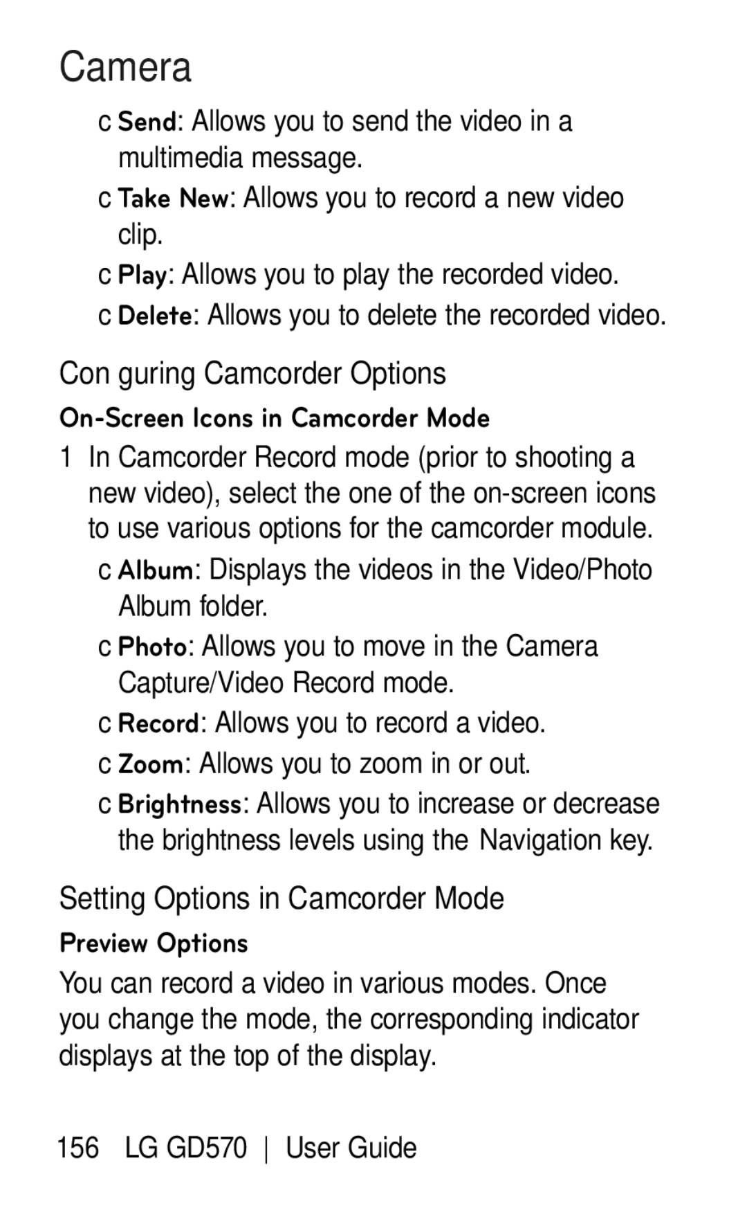 LG Electronics GD570 Configuring Camcorder Options, Setting Options in Camcorder Mode, On-Screen Icons in Camcorder Mode 