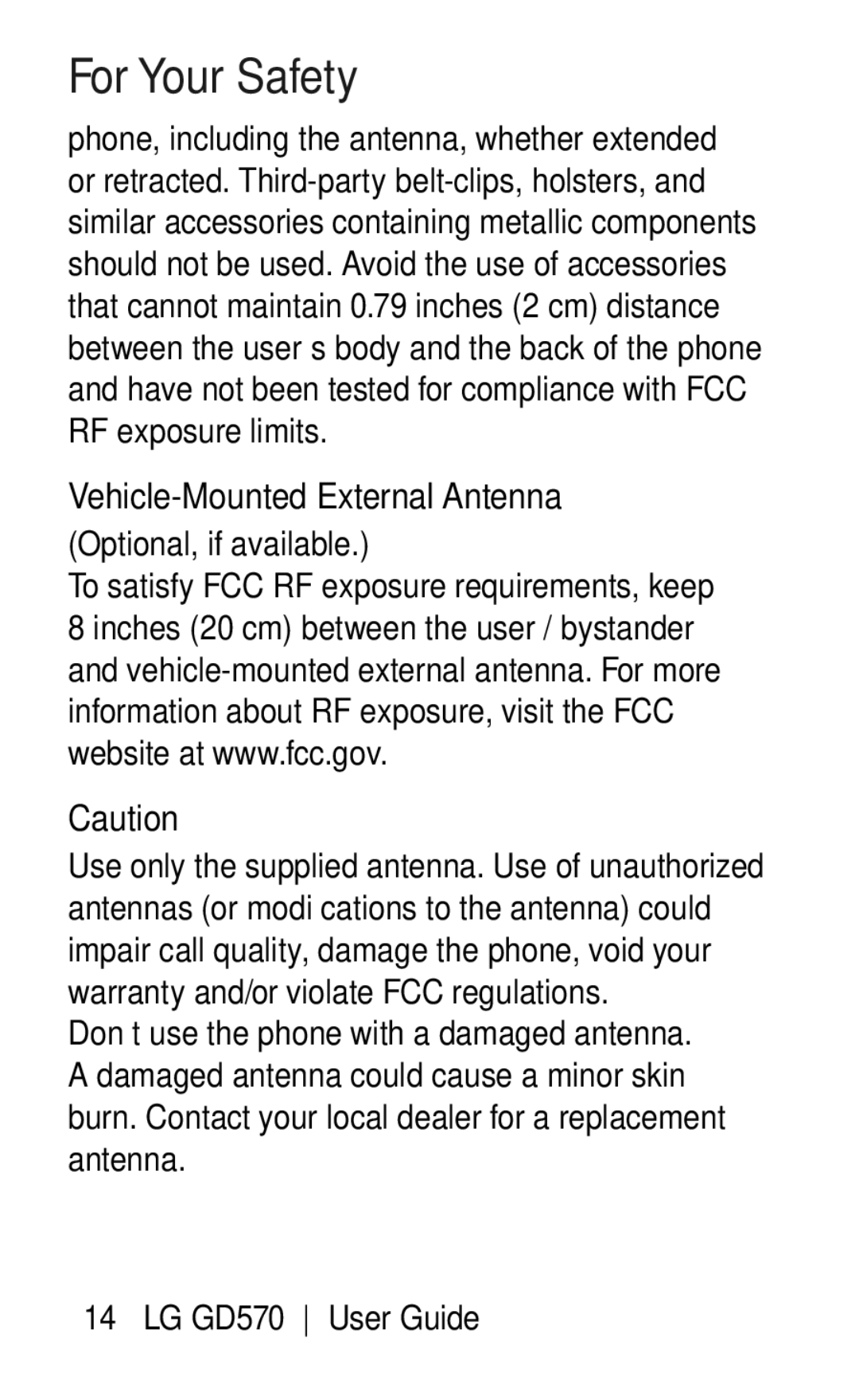 LG Electronics GD570 manual Vehicle-Mounted External Antenna, Optional, if available 