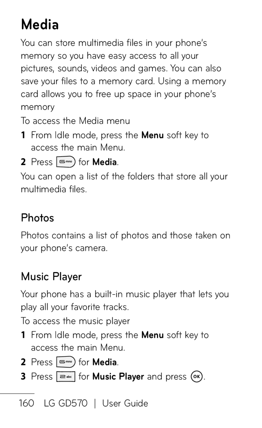 LG Electronics GD570 manual Media, Photos, Music Player 
