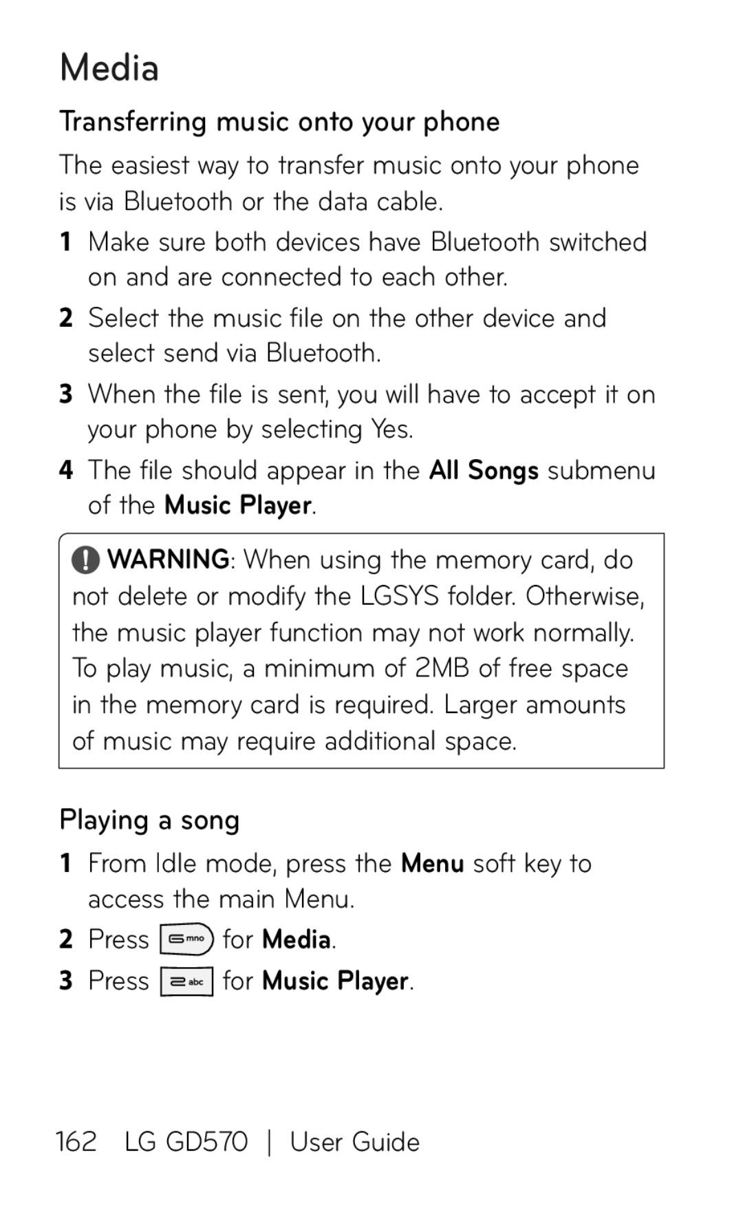 LG Electronics GD570 manual Media, Transferring music onto your phone, Playing a song 