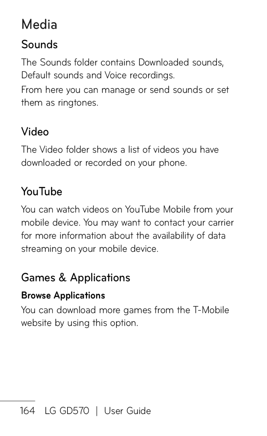 LG Electronics GD570 manual Sounds, Video, YouTube, Games & Applications, Browse Applications 