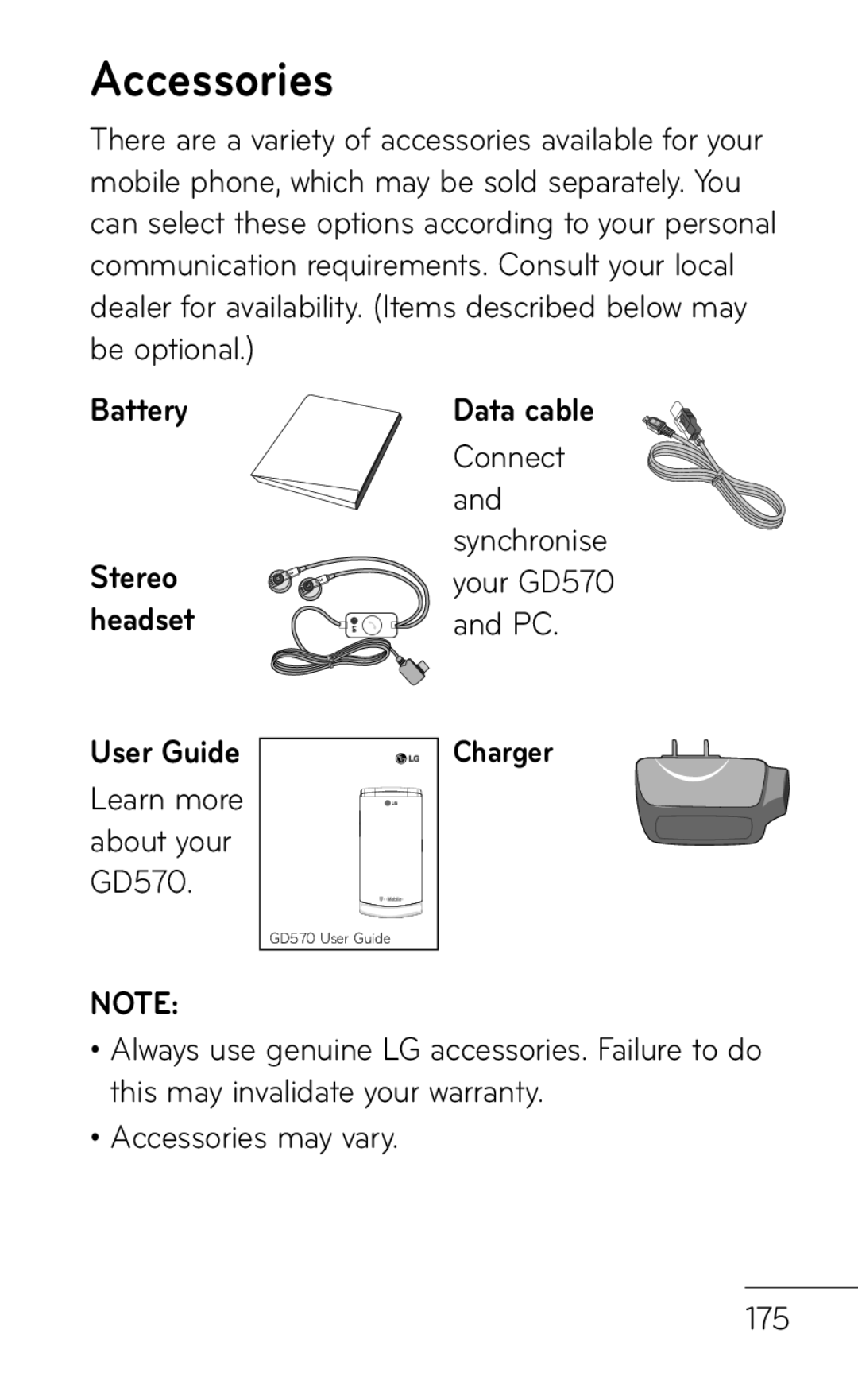 LG Electronics GD570 manual Accessories, Battery, User Guide, Charger 