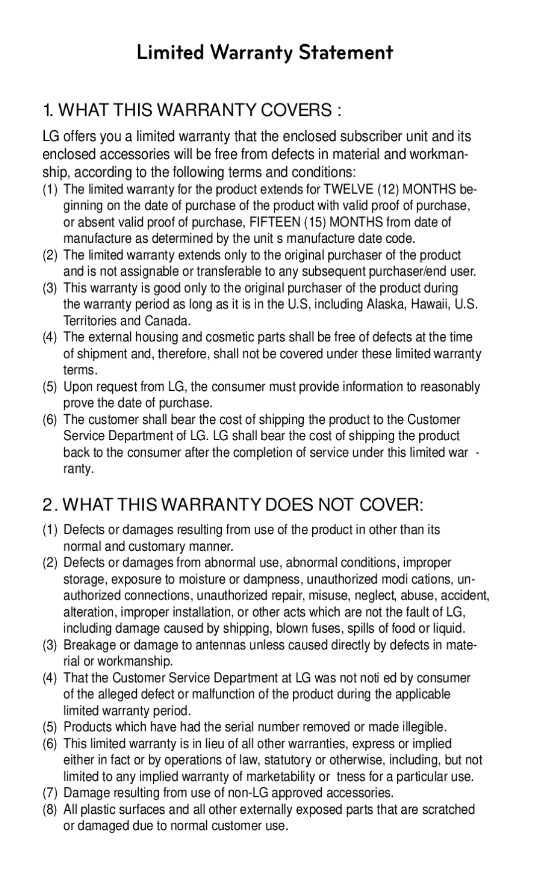 LG Electronics GD570 manual Limited Warranty Statement 