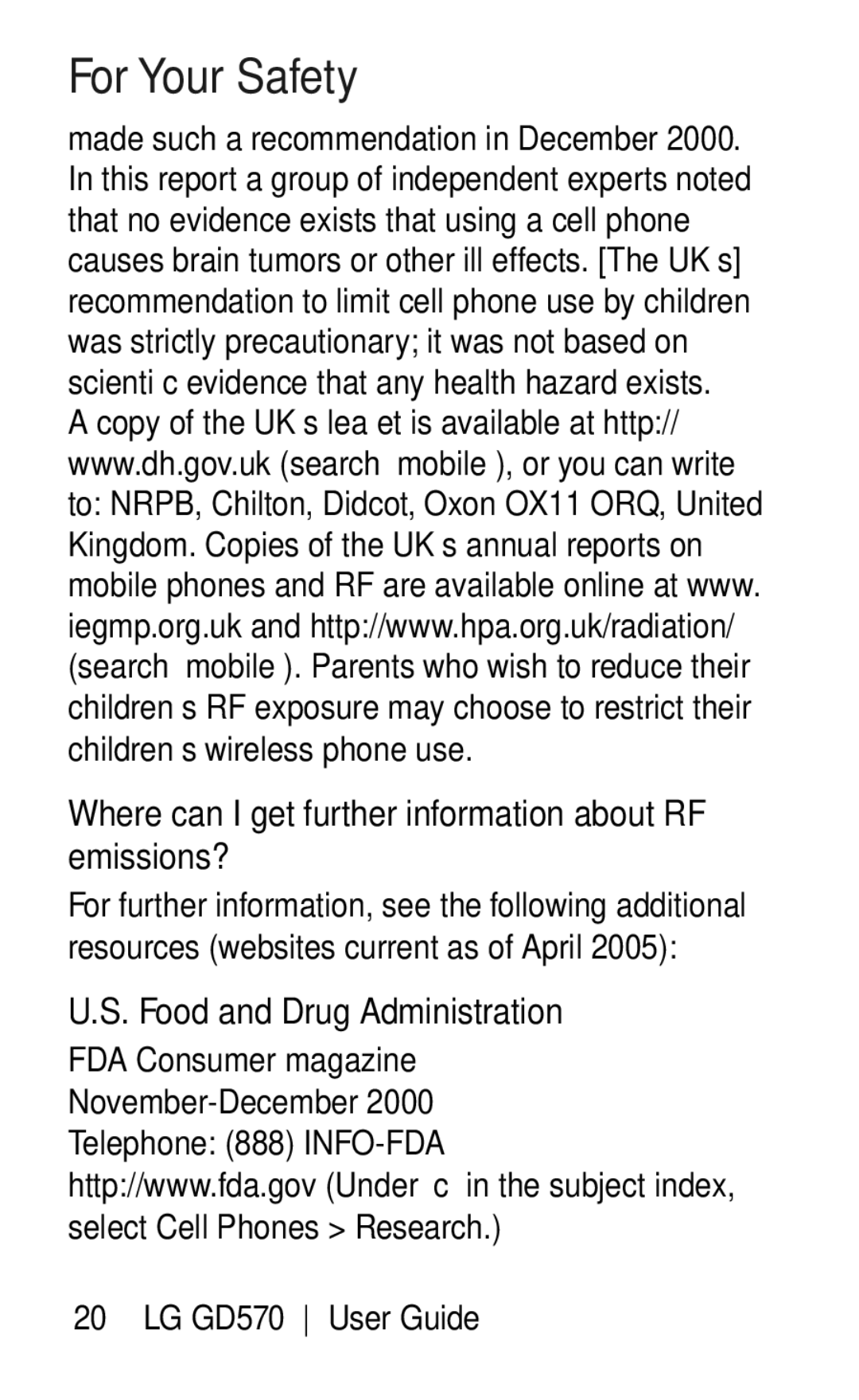 LG Electronics GD570 manual Where can I get further information about RF emissions?, Food and Drug Administration 