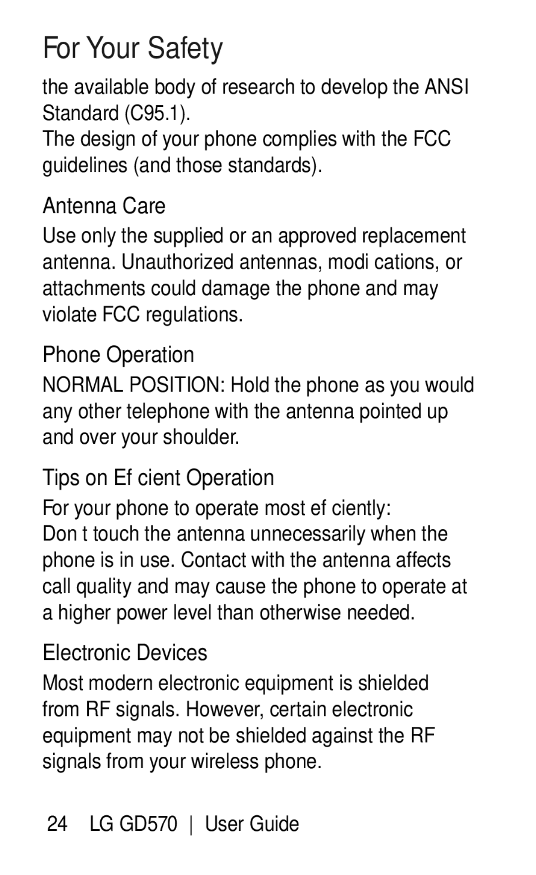 LG Electronics GD570 manual Antenna Care, Phone Operation, Tips on Efficient Operation, Electronic Devices 