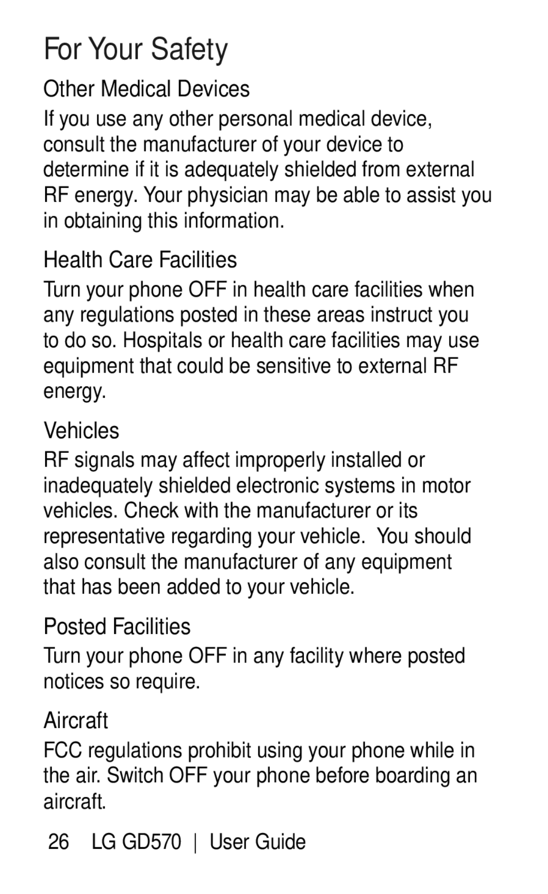 LG Electronics GD570 manual Other Medical Devices, Health Care Facilities, Vehicles, Posted Facilities, Aircraft 