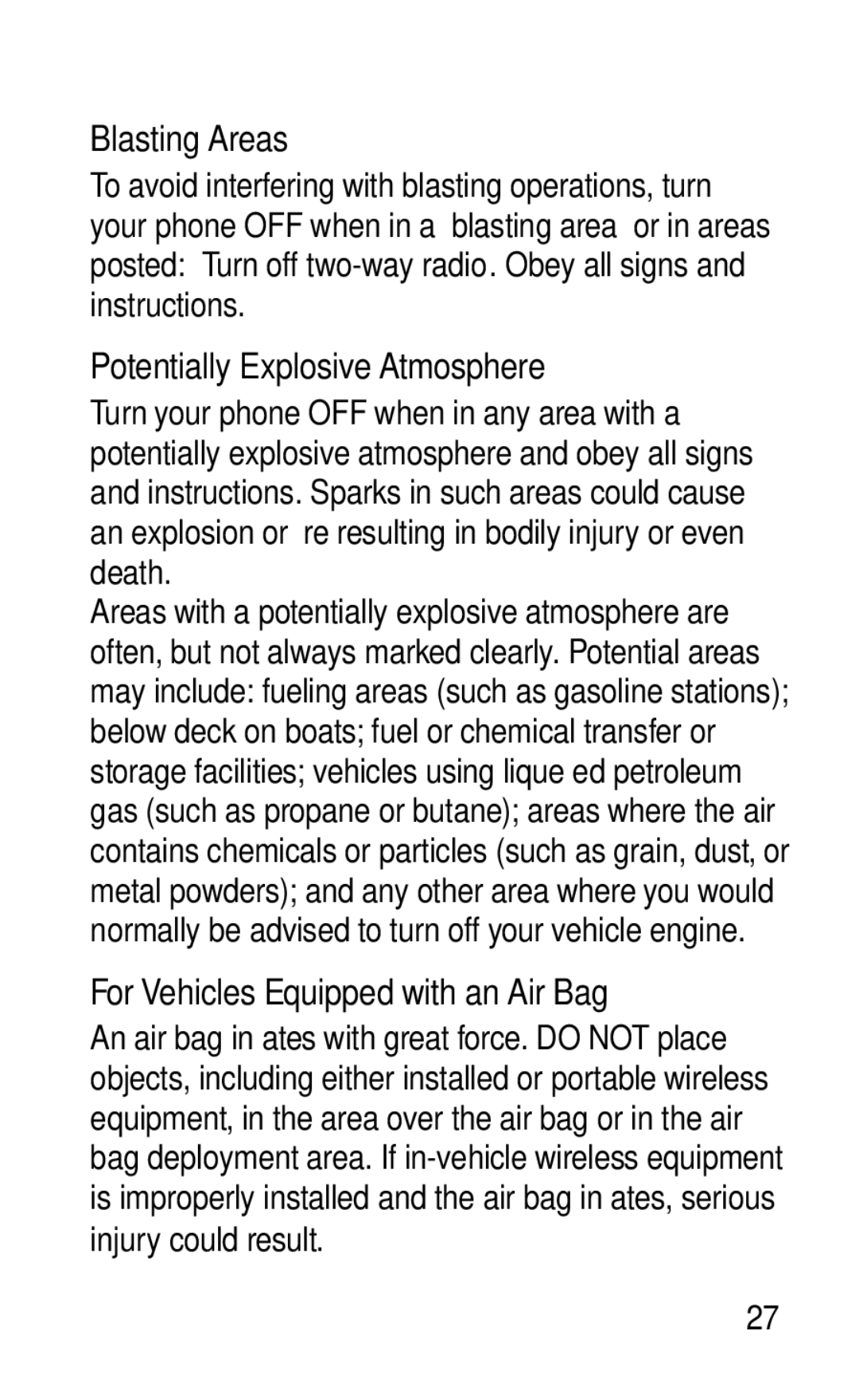 LG Electronics GD570 manual Blasting Areas, Potentially Explosive Atmosphere, For Vehicles Equipped with an Air Bag 