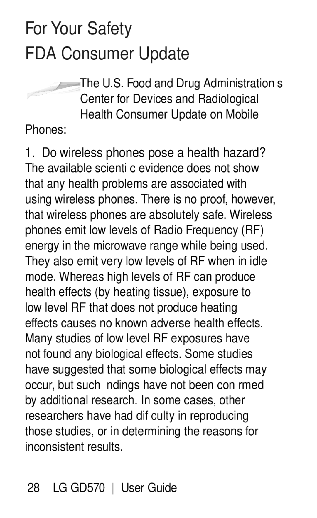 LG Electronics GD570 manual For Your Safety FDA Consumer Update 