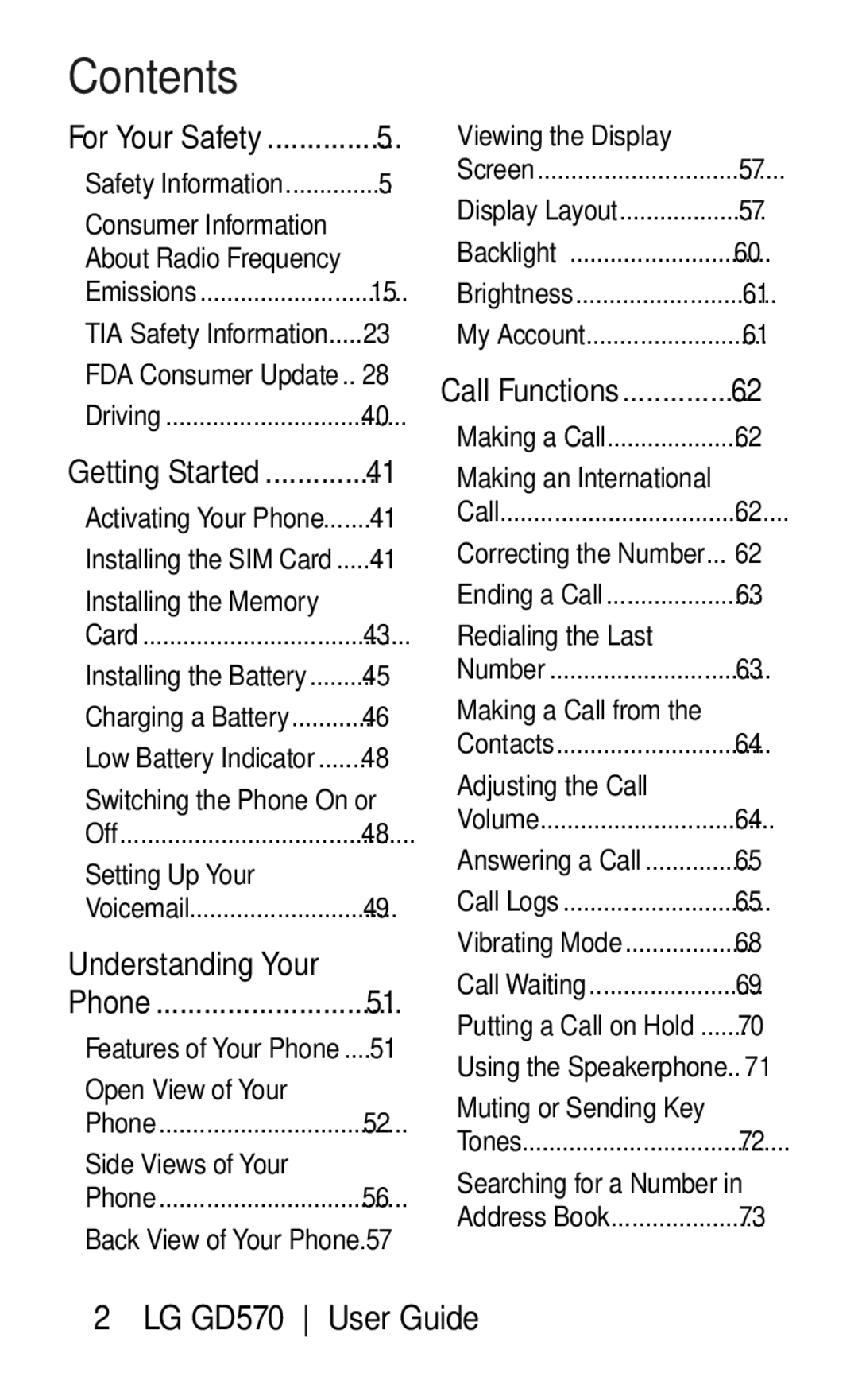 LG Electronics GD570 manual Contents 