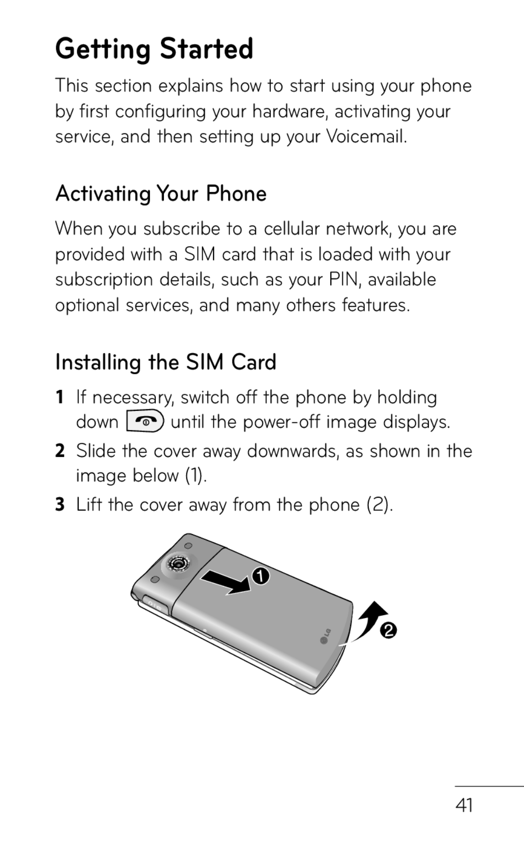 LG Electronics GD570 manual Getting Started, Activating Your Phone, Installing the SIM Card 