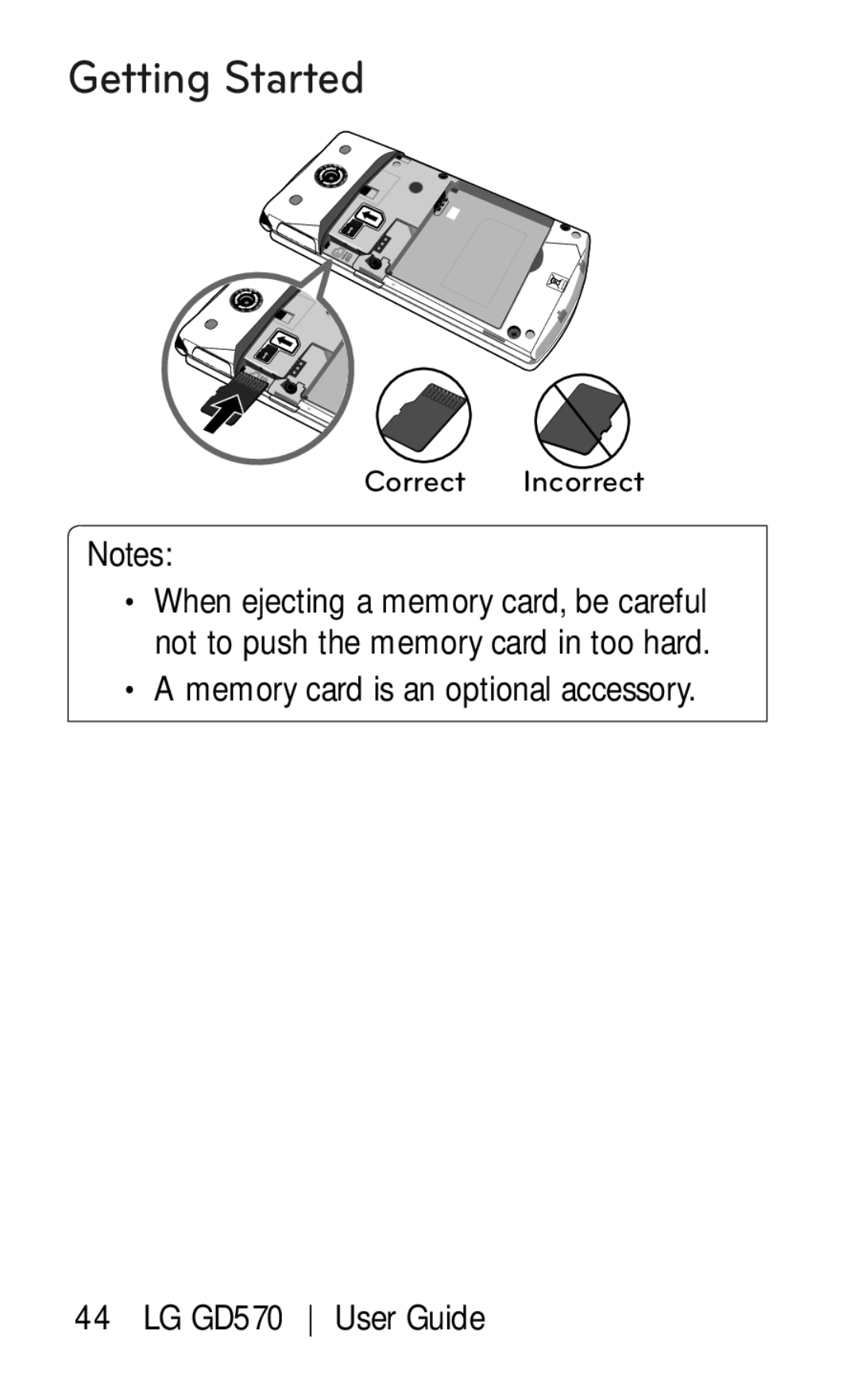 LG Electronics manual Memory card is an optional accessory LG GD570 User Guide 