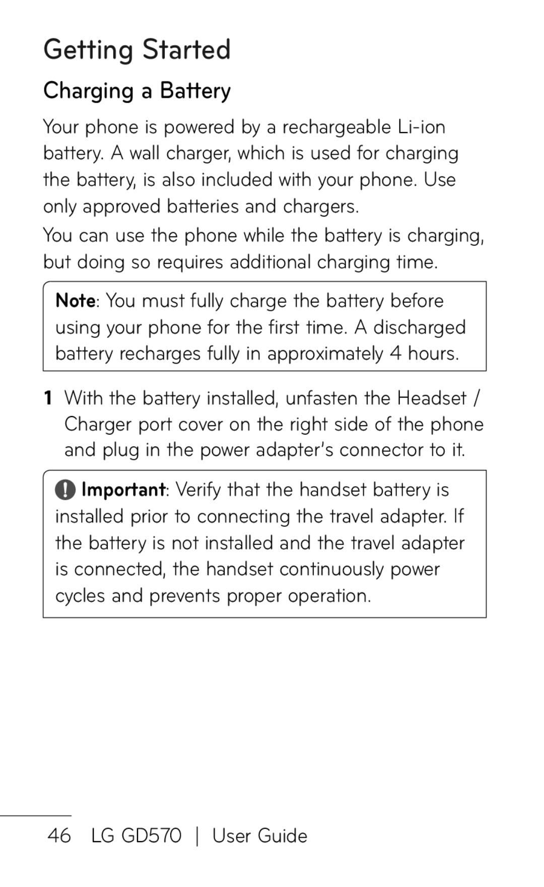 LG Electronics GD570 manual Charging a Battery 