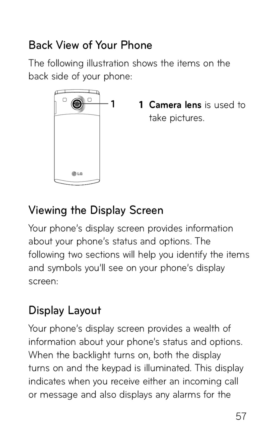 LG Electronics GD570 manual Back View of Your Phone, Viewing the Display Screen, Display Layout 