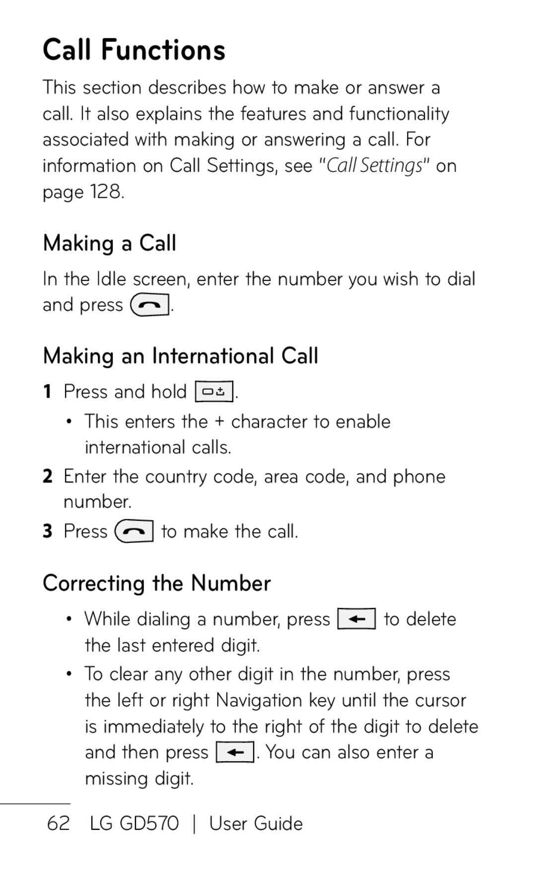 LG Electronics GD570 manual Call Functions, Making a Call, Making an International Call, Correcting the Number 