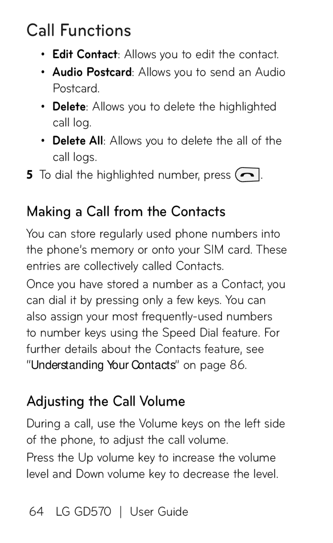 LG Electronics GD570 manual Call Functions, Making a Call from the Contacts, Adjusting the Call Volume 