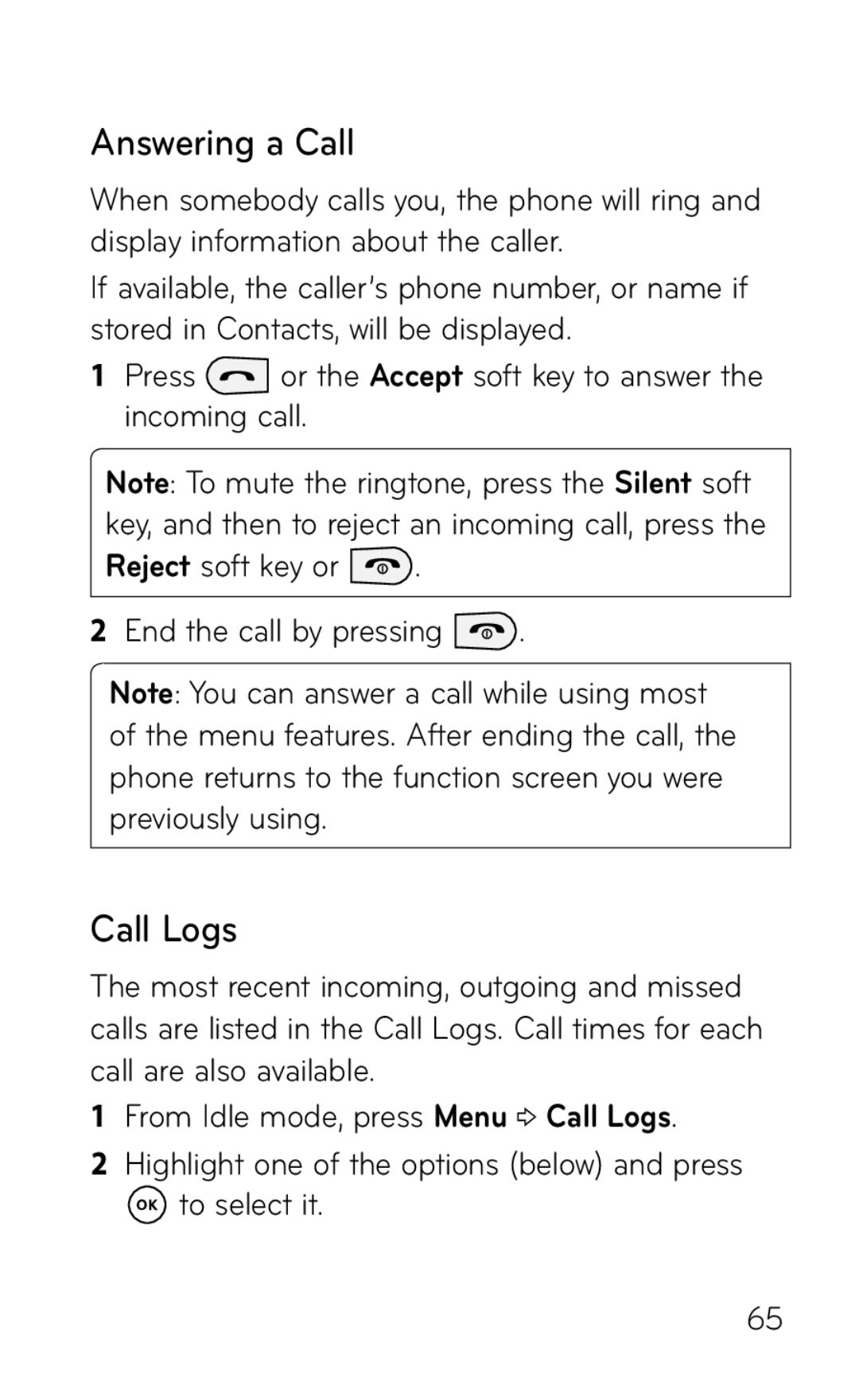 LG Electronics GD570 manual Answering a Call, Call Logs 