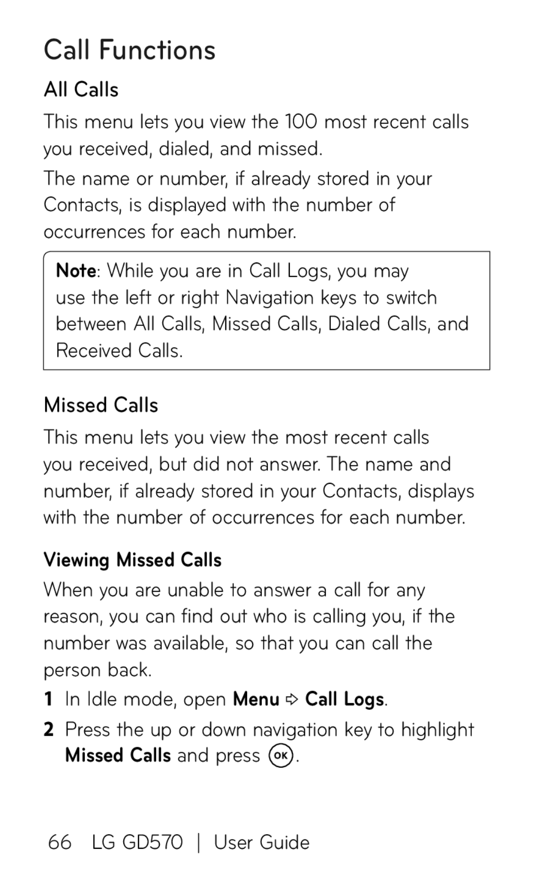 LG Electronics GD570 manual All Calls, Viewing Missed Calls 