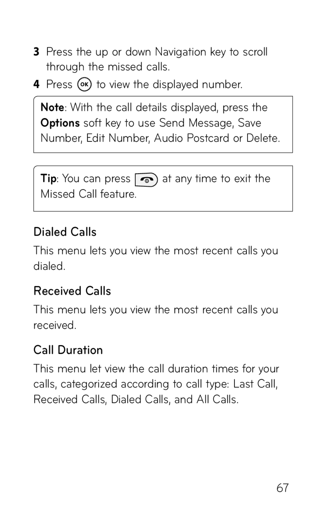 LG Electronics GD570 manual Dialed Calls, Received Calls, Call Duration 