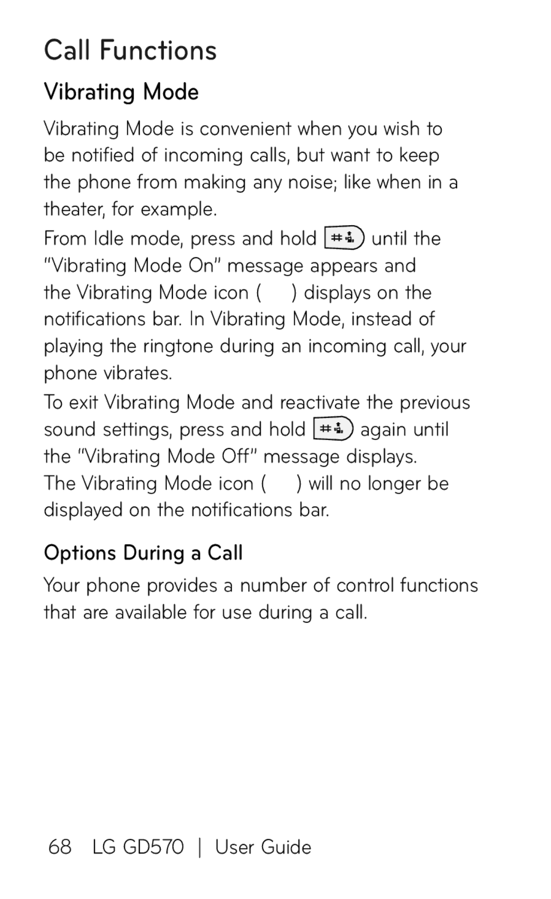 LG Electronics GD570 manual Vibrating Mode, Options During a Call 