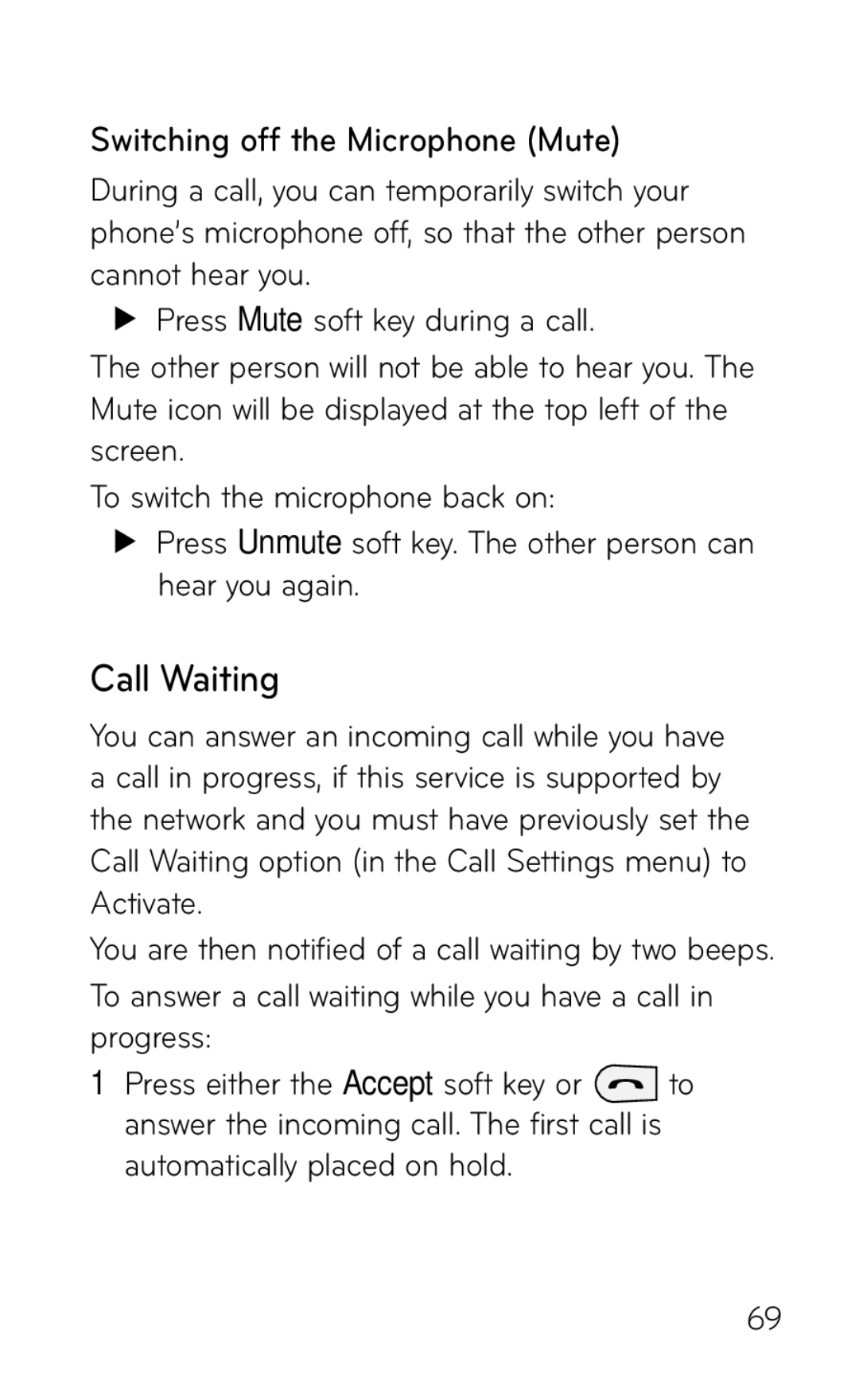 LG Electronics GD570 manual Call Waiting, Switching off the Microphone Mute 