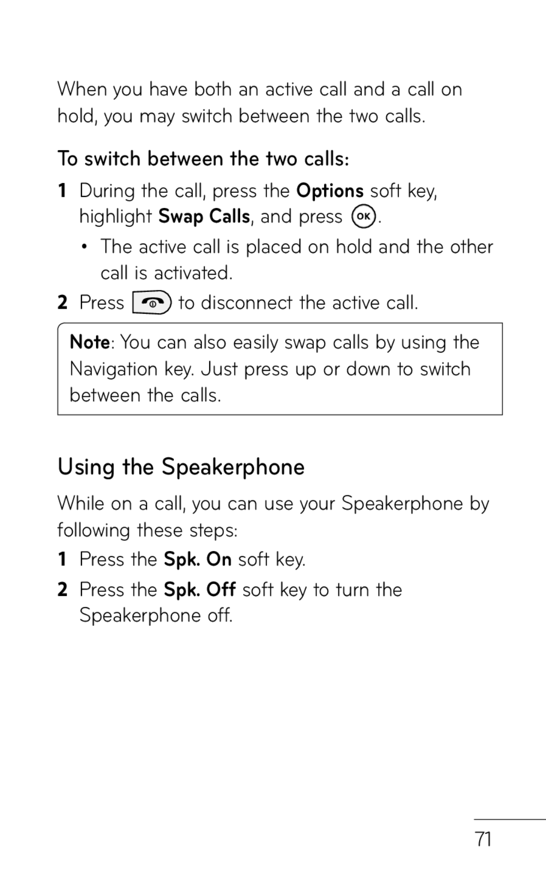 LG Electronics GD570 manual Using the Speakerphone, To switch between the two calls 