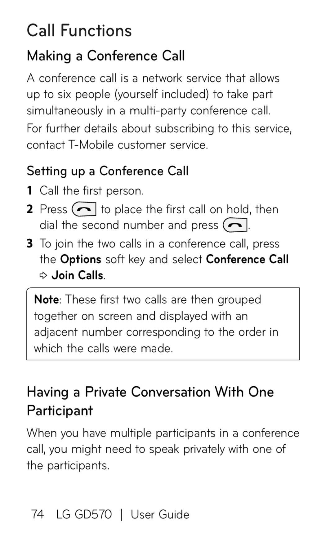 LG Electronics GD570 manual Making a Conference Call, Having a Private Conversation With One Participant 