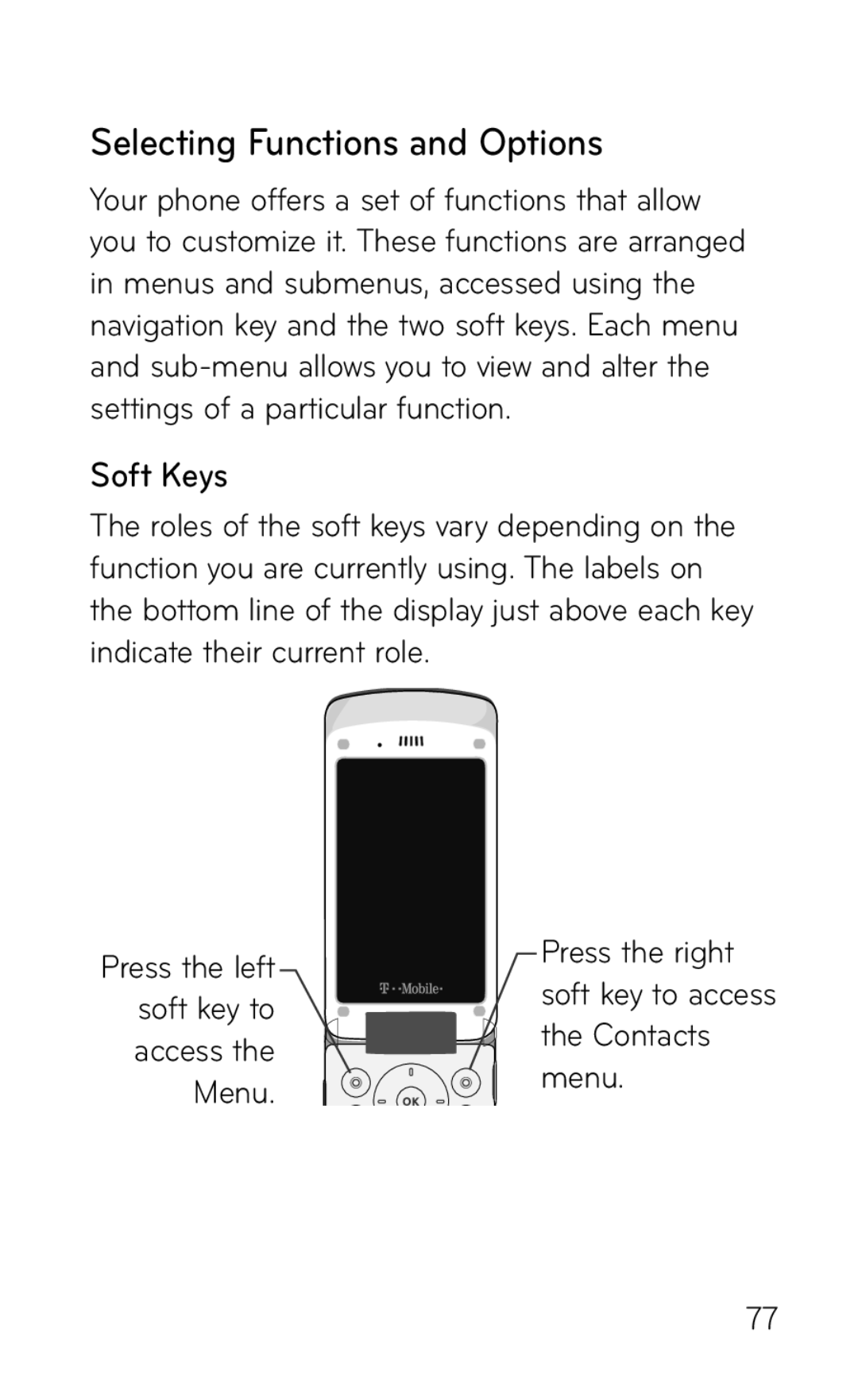 LG Electronics GD570 manual Selecting Functions and Options, Soft Keys 