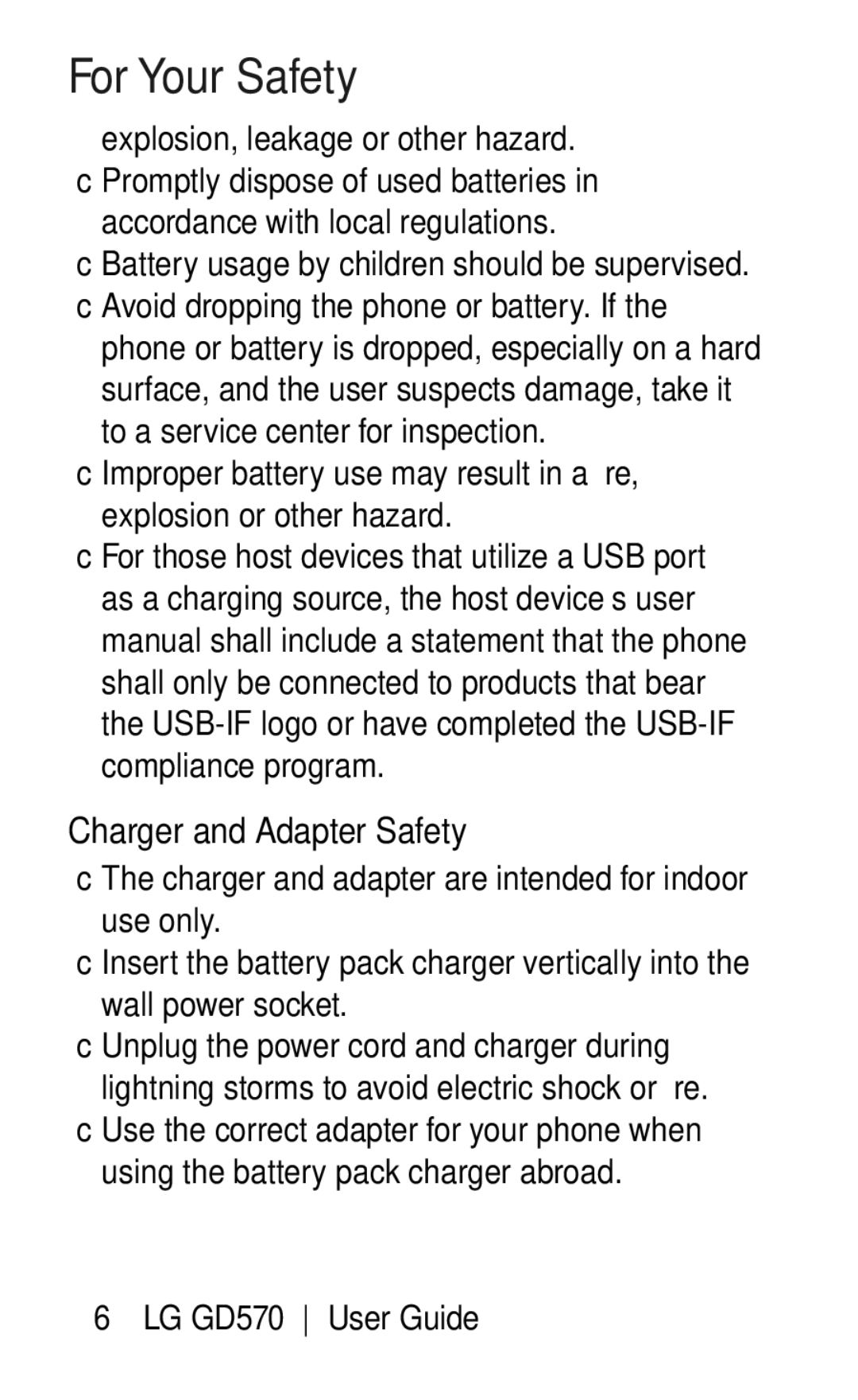 LG Electronics GD570 manual For Your Safety, Charger and Adapter Safety 