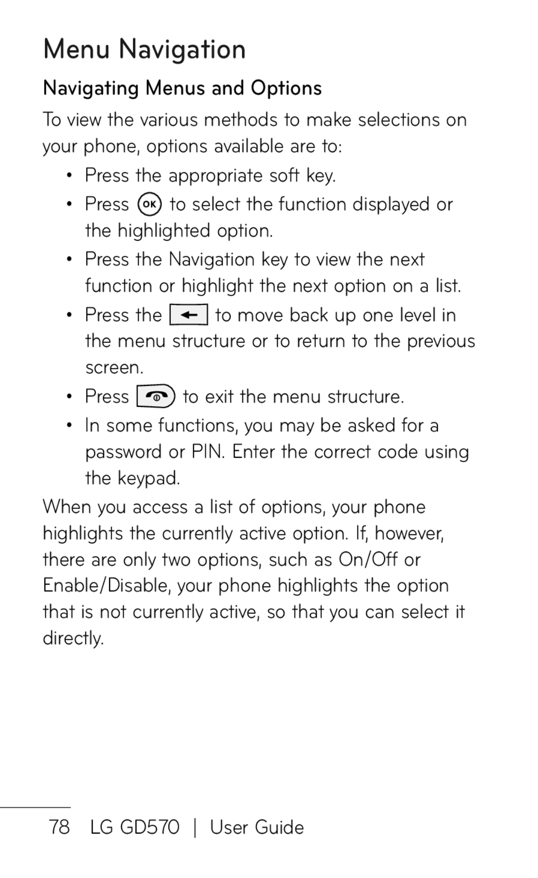 LG Electronics GD570 manual Menu Navigation, Navigating Menus and Options 