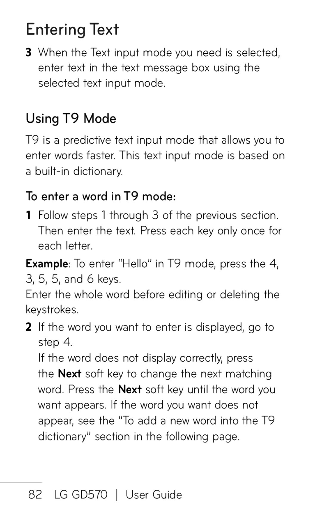 LG Electronics GD570 manual Entering Text, Using T9 Mode, To enter a word in T9 mode 